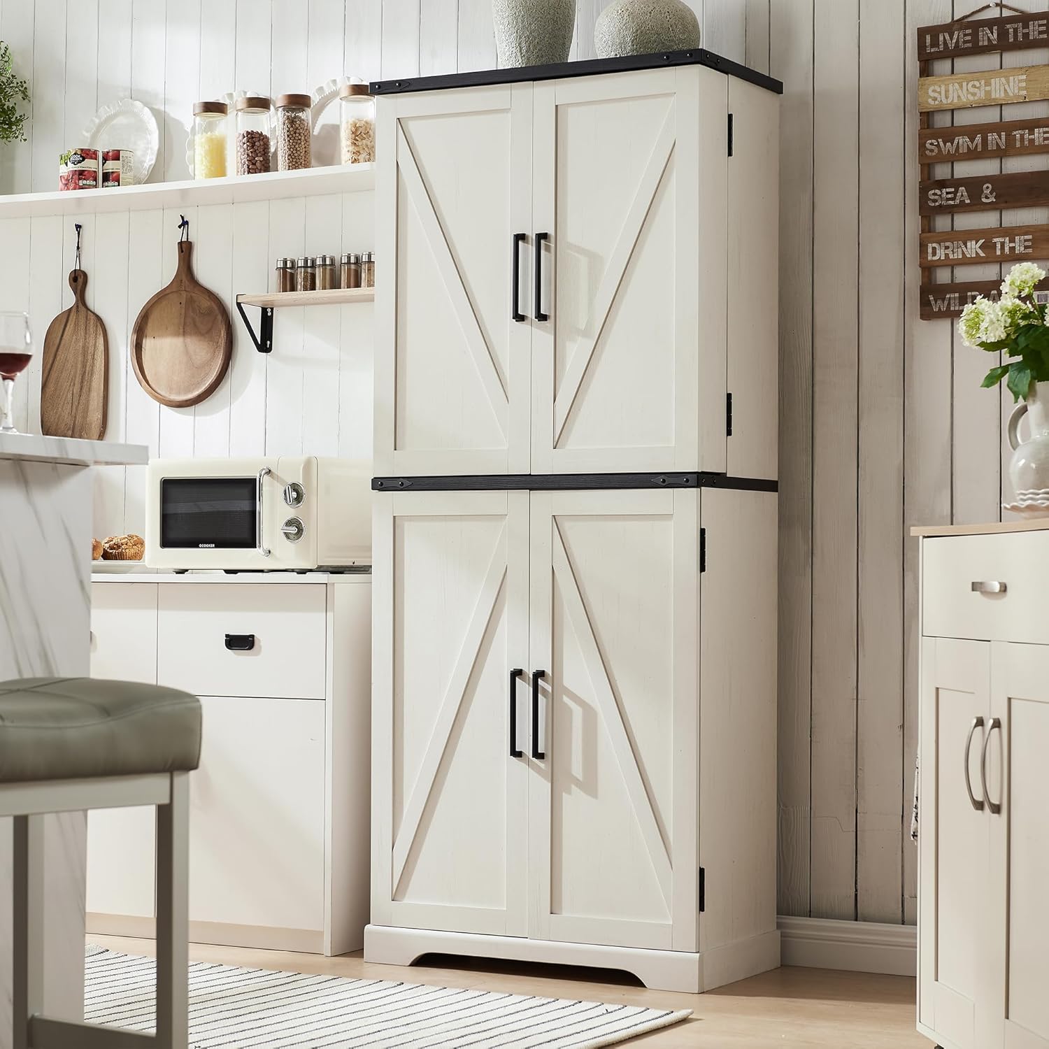 72" Farmhouse Pantry Cabinet – Rustic Blue Kitchen Storage with Barn Doors, Drawer & Adjustable Shelves