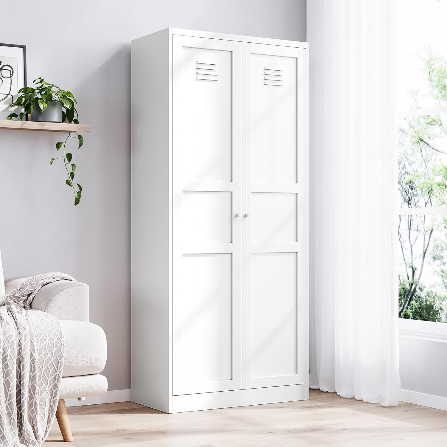 71" Metal Pantry Storage Cabinet – White Steel Locker Cabinet with 2 Doors & 5 Adjustable Shelves for Kitchen or Dining