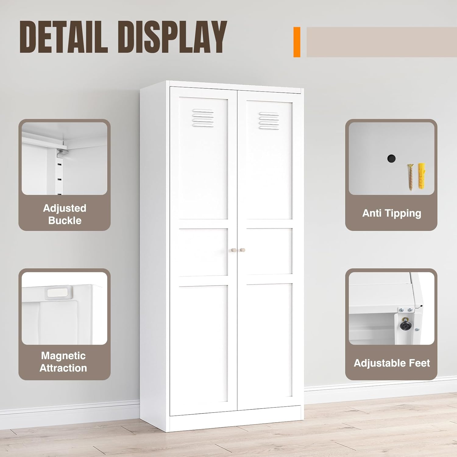 71" Metal Pantry Storage Cabinet – White Steel Locker Cabinet with 2 Doors & 5 Adjustable Shelves for Kitchen or Dining