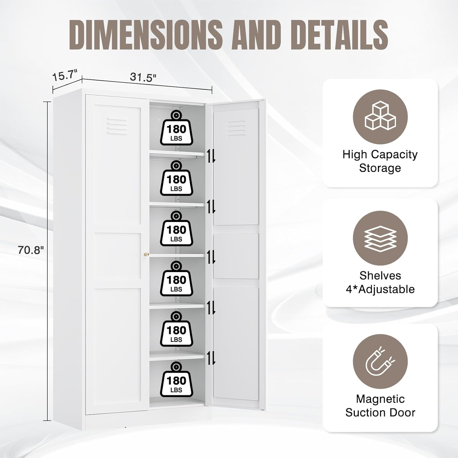 71" Metal Pantry Storage Cabinet – White Steel Locker Cabinet with 2 Doors & 5 Adjustable Shelves for Kitchen or Dining