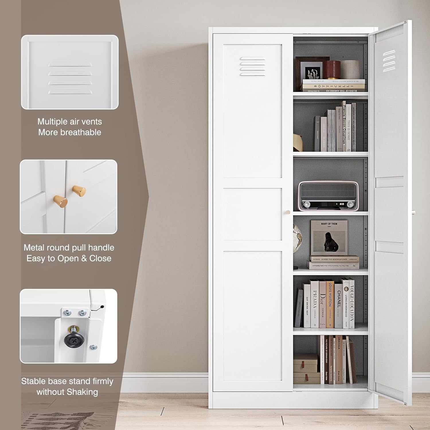 71" Metal Pantry Storage Cabinet – White Steel Locker Cabinet with 2 Doors & 5 Adjustable Shelves for Kitchen or Dining