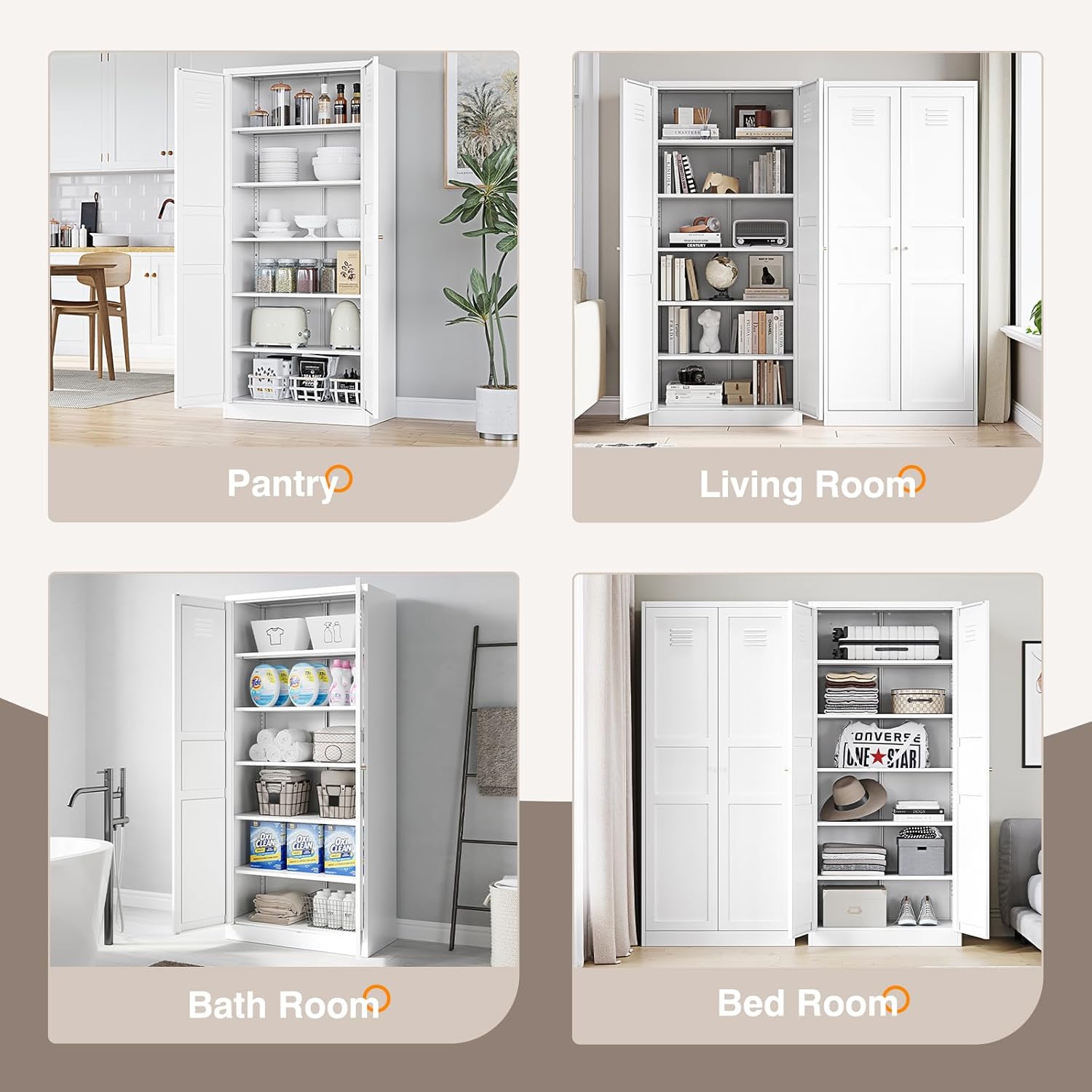 71" Metal Pantry Storage Cabinet – White Steel Locker Cabinet with 2 Doors & 5 Adjustable Shelves for Kitchen or Dining