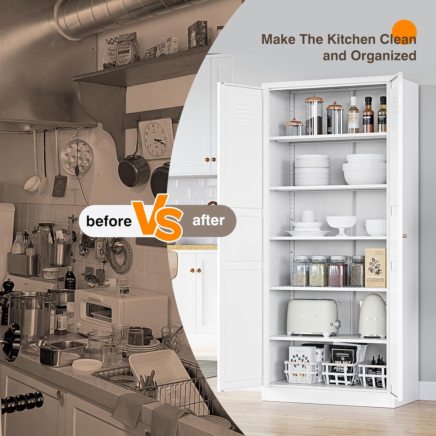 71" Metal Pantry Storage Cabinet – White Steel Locker Cabinet with 2 Doors & 5 Adjustable Shelves for Kitchen or Dining