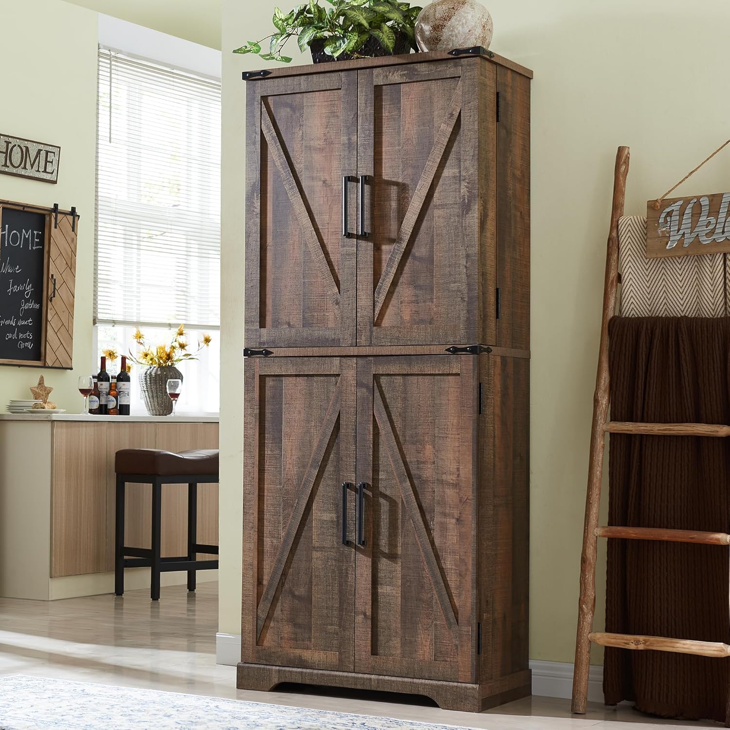72" Farmhouse Pantry Cabinet – Rustic Blue Kitchen Storage with Barn Doors, Drawer & Adjustable Shelves