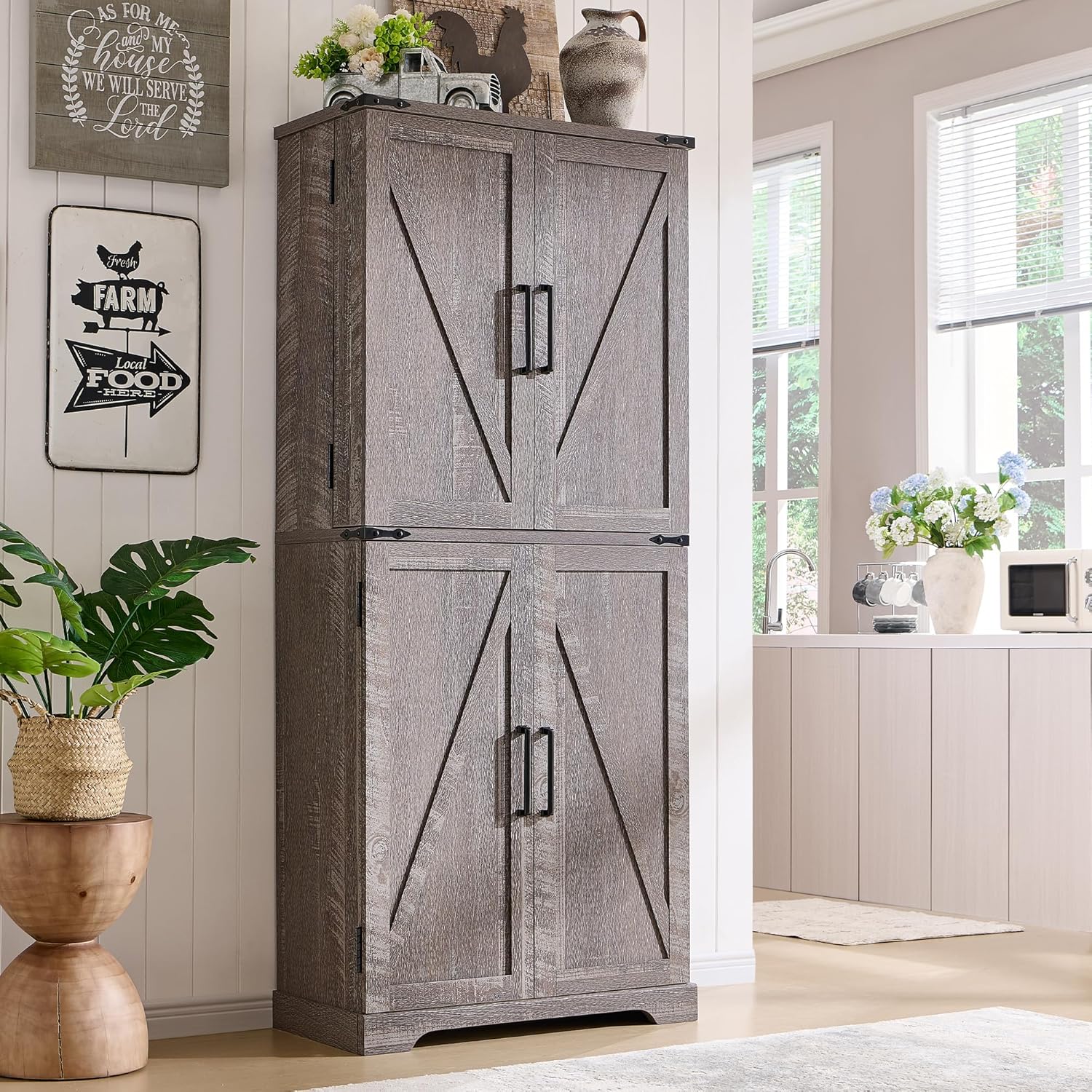 72" Farmhouse Pantry Cabinet – Rustic Blue Kitchen Storage with Barn Doors, Drawer & Adjustable Shelves