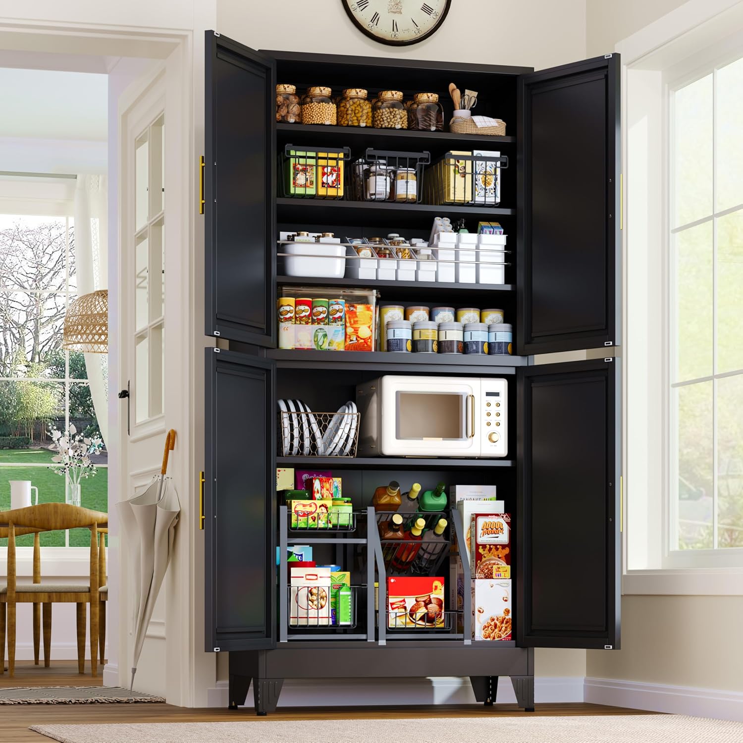 75.2" Tall White Pantry Cabinet – Metal Kitchen Storage with 2 Doors & 5 Adjustable Shelves for Living or Dining Room