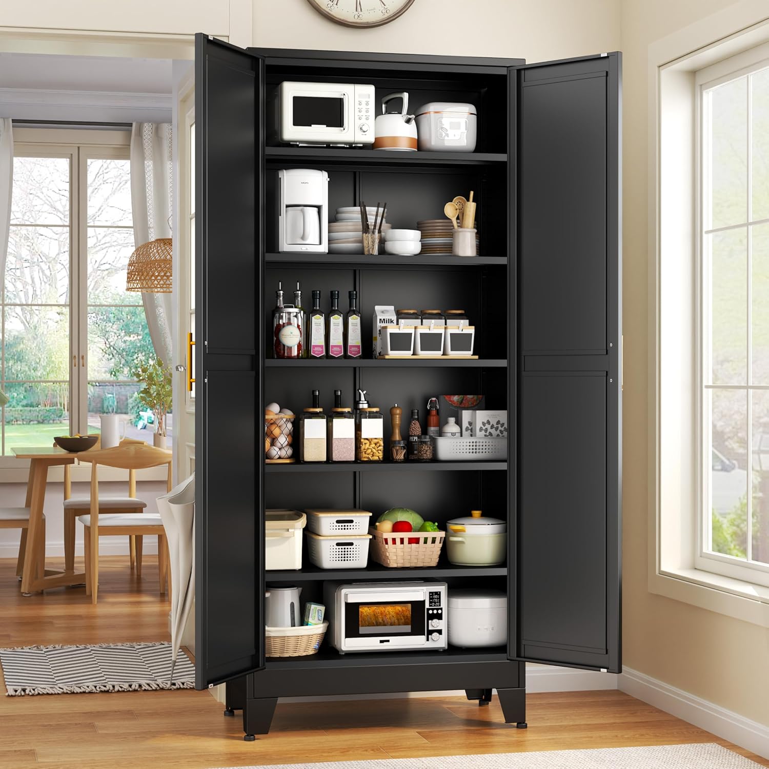 75.2" Tall White Pantry Cabinet – Metal Kitchen Storage with 2 Doors & 5 Adjustable Shelves for Living or Dining Room
