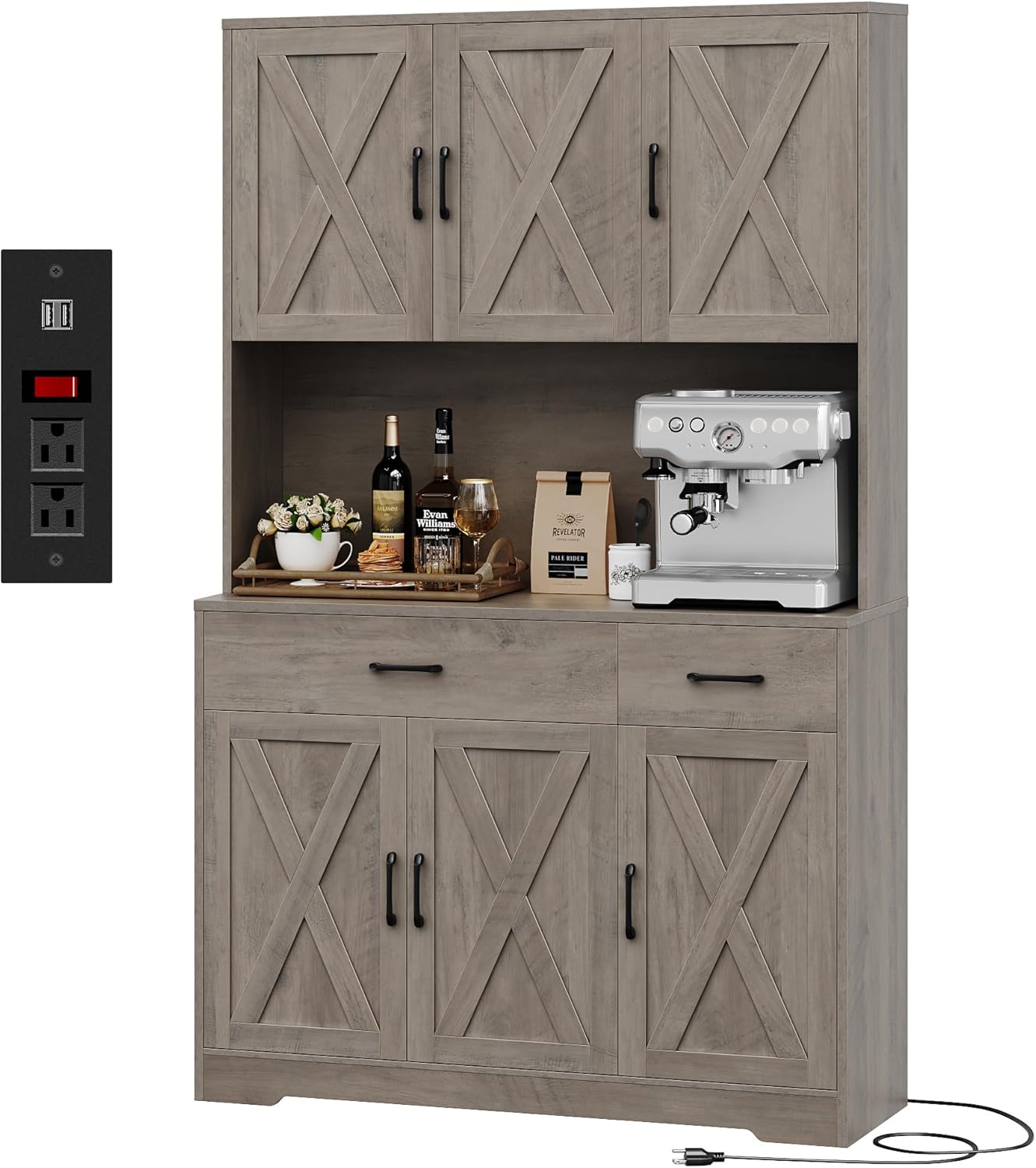 Pantry Cabinet with Charging Station – Tall White Hutch with Microwave Stand, Drawers & Storage for Kitchen or Dining