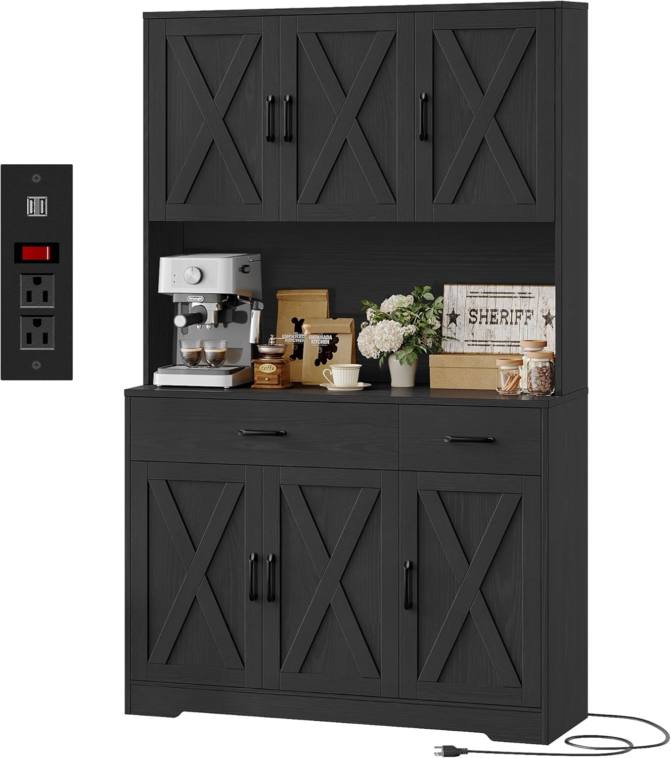 Pantry Cabinet with Charging Station – Tall White Hutch with Microwave Stand, Drawers & Storage for Kitchen or Dining