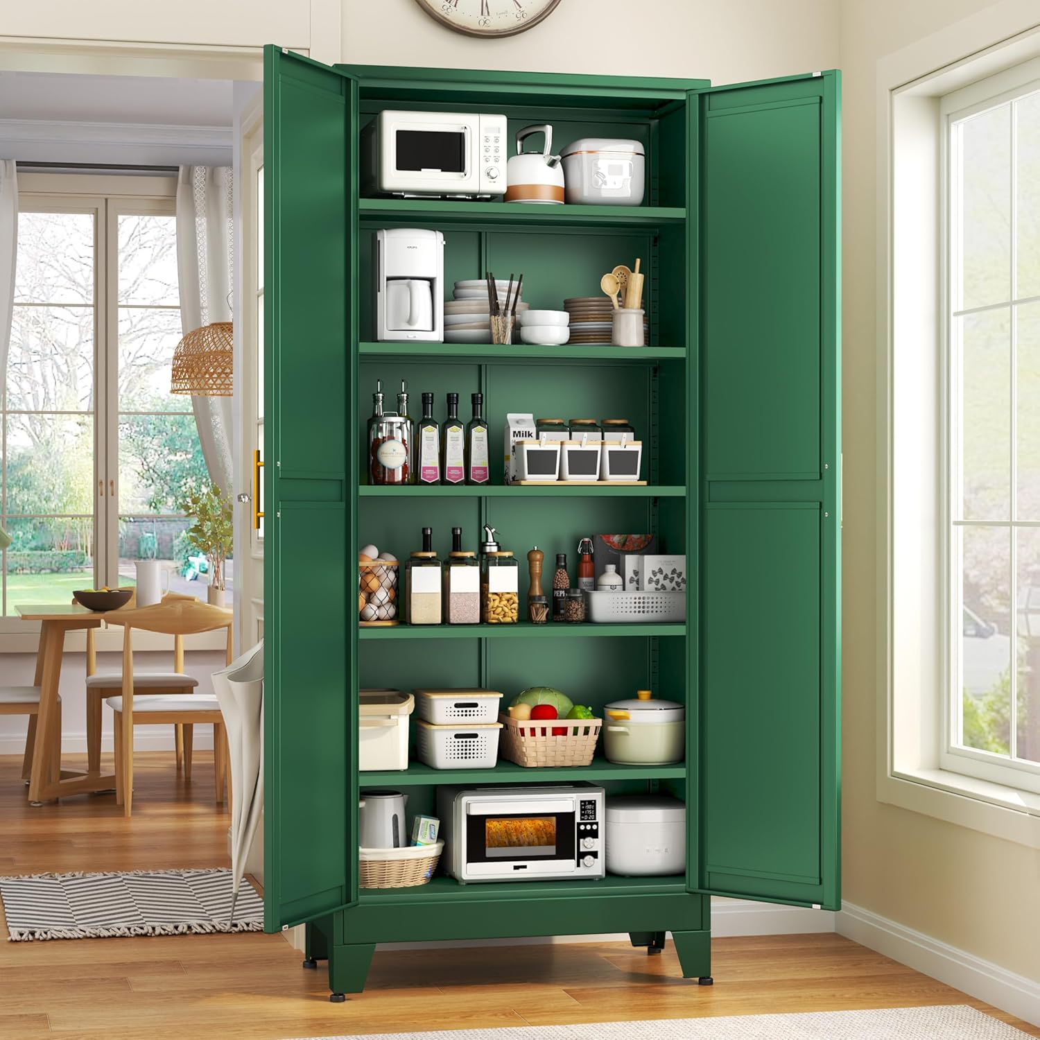 75.2" Tall White Pantry Cabinet – Metal Kitchen Storage with 2 Doors & 5 Adjustable Shelves for Living or Dining Room