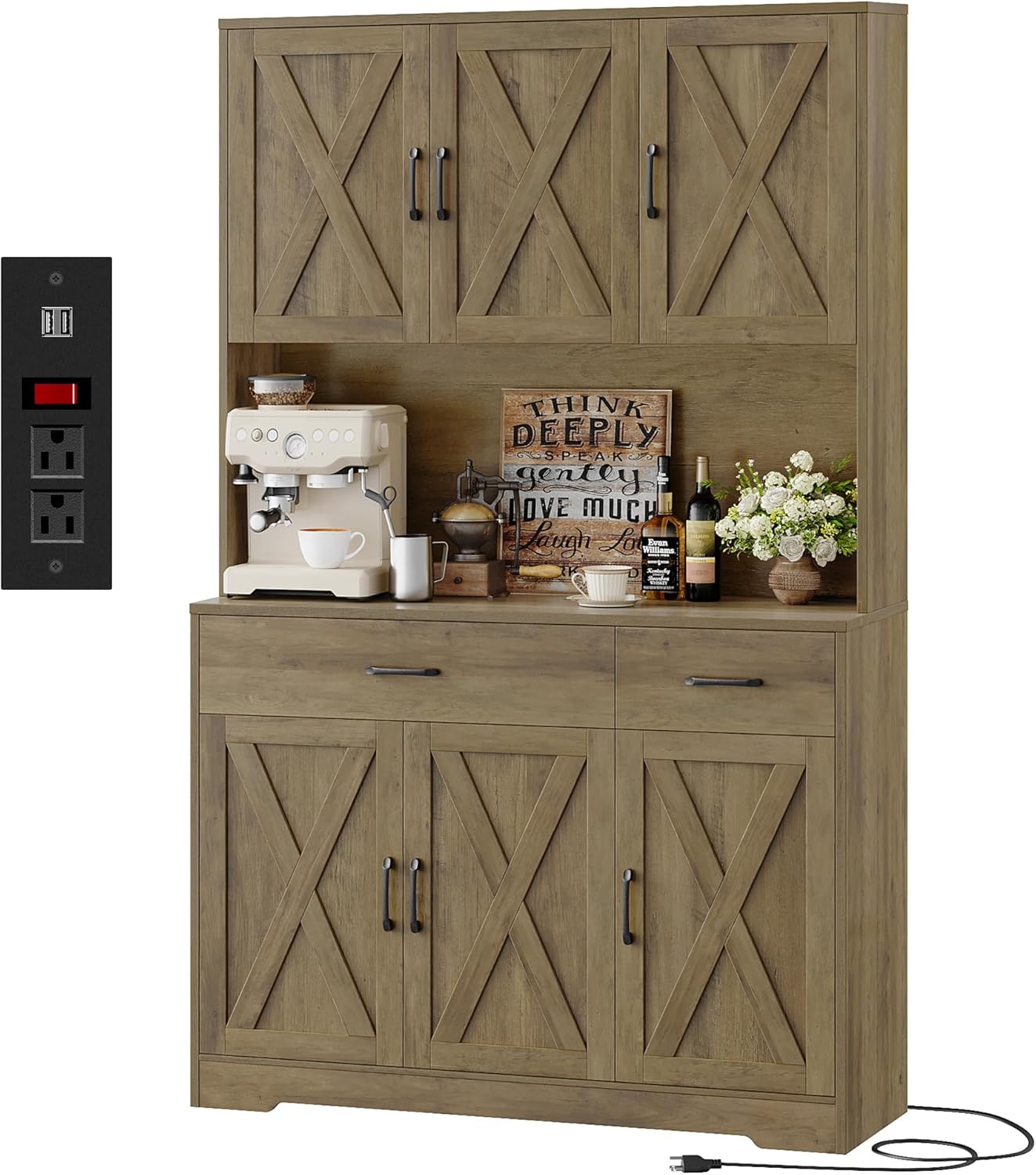 Pantry Cabinet with Charging Station – Tall White Hutch with Microwave Stand, Drawers & Storage for Kitchen or Dining