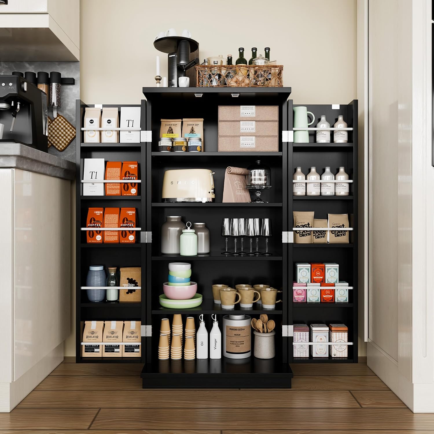 47" Kitchen Pantry Cabinet – White 5-Layer Storage Cupboard with Adjustable Shelves for Food, Bathroom or Laundry
