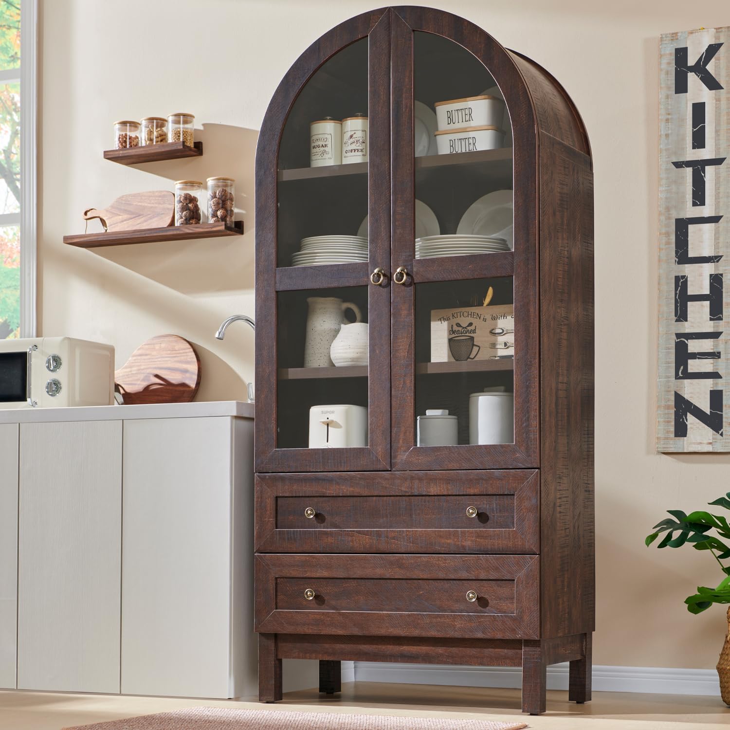 71" Arched Pantry Cabinet – Farmhouse Kitchen Storage with 2 Drawers & Adjustable Shelves, Natural Wood Cupboard