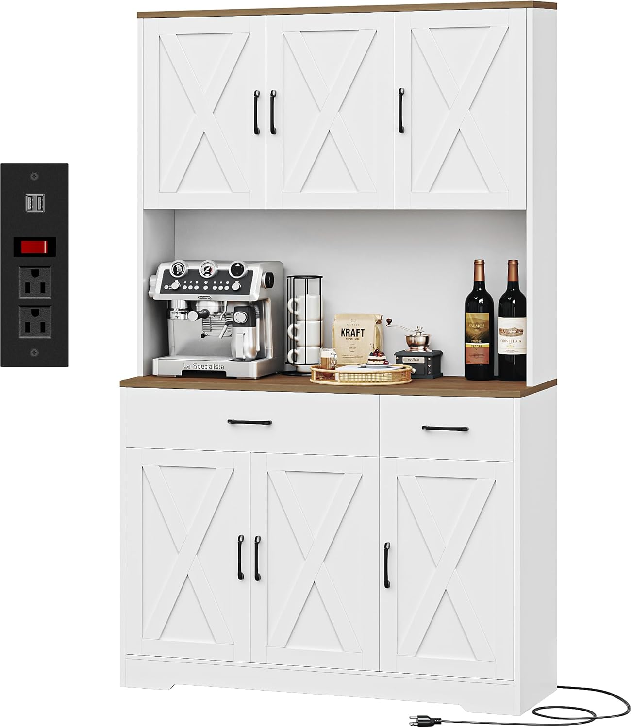 Pantry Cabinet with Charging Station – Tall White Hutch with Microwave Stand, Drawers & Storage for Kitchen or Dining