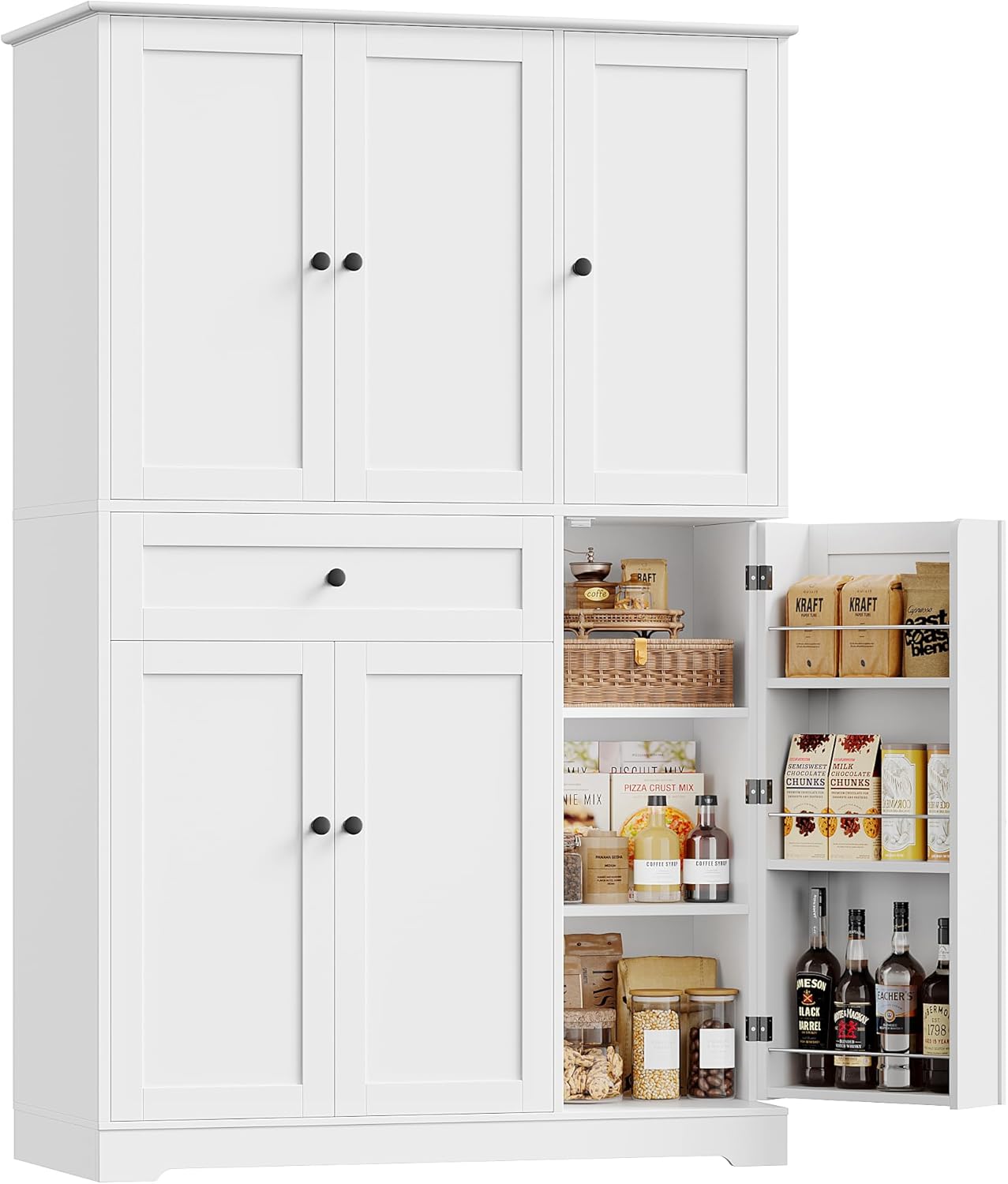 68" Tall Kitchen Pantry Cabinet – Freestanding White Hutch with Doors, Adjustable Shelves & Drawer for Dining Room