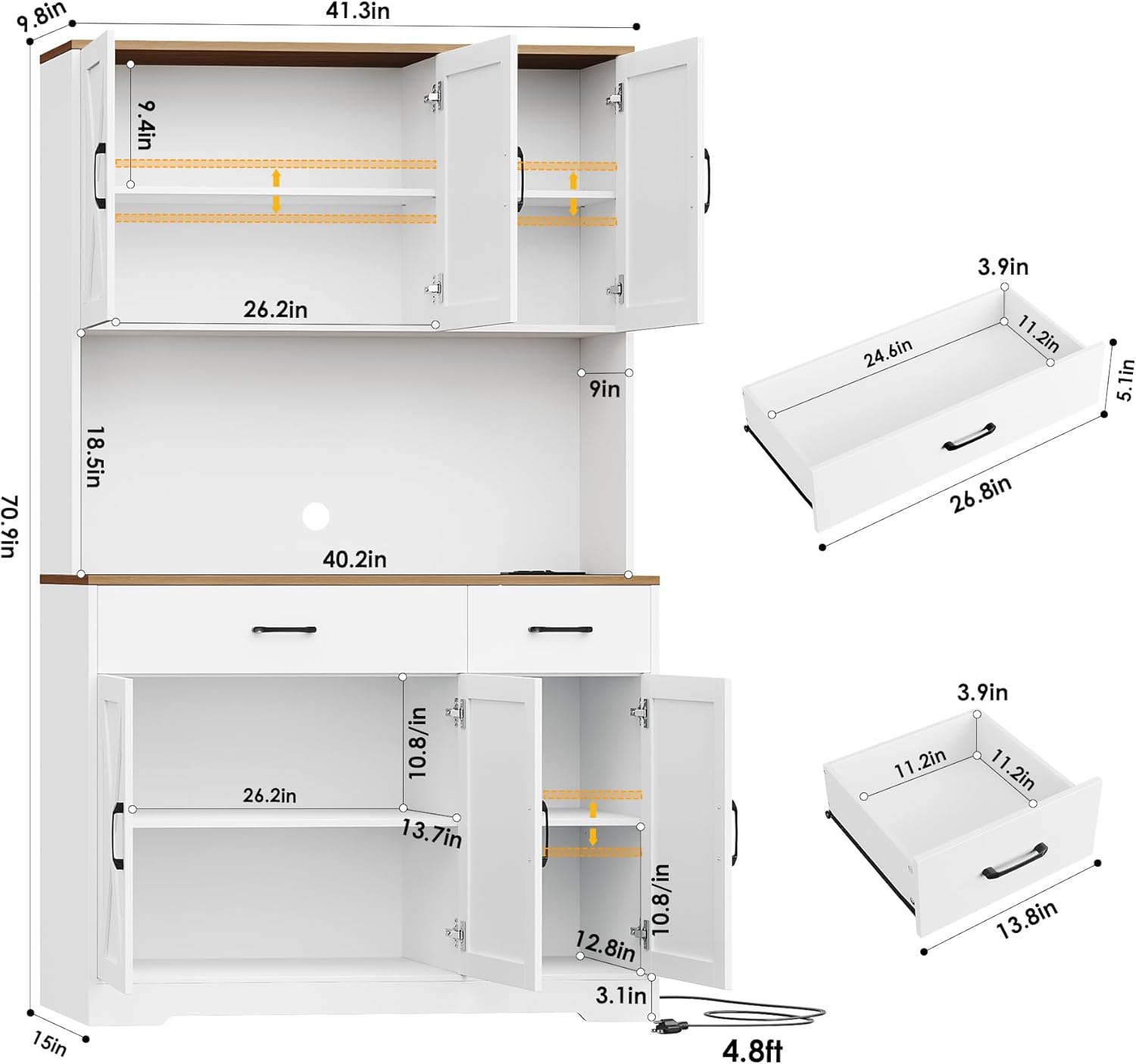 Pantry Cabinet with Charging Station – Tall White Hutch with Microwave Stand, Drawers & Storage for Kitchen or Dining