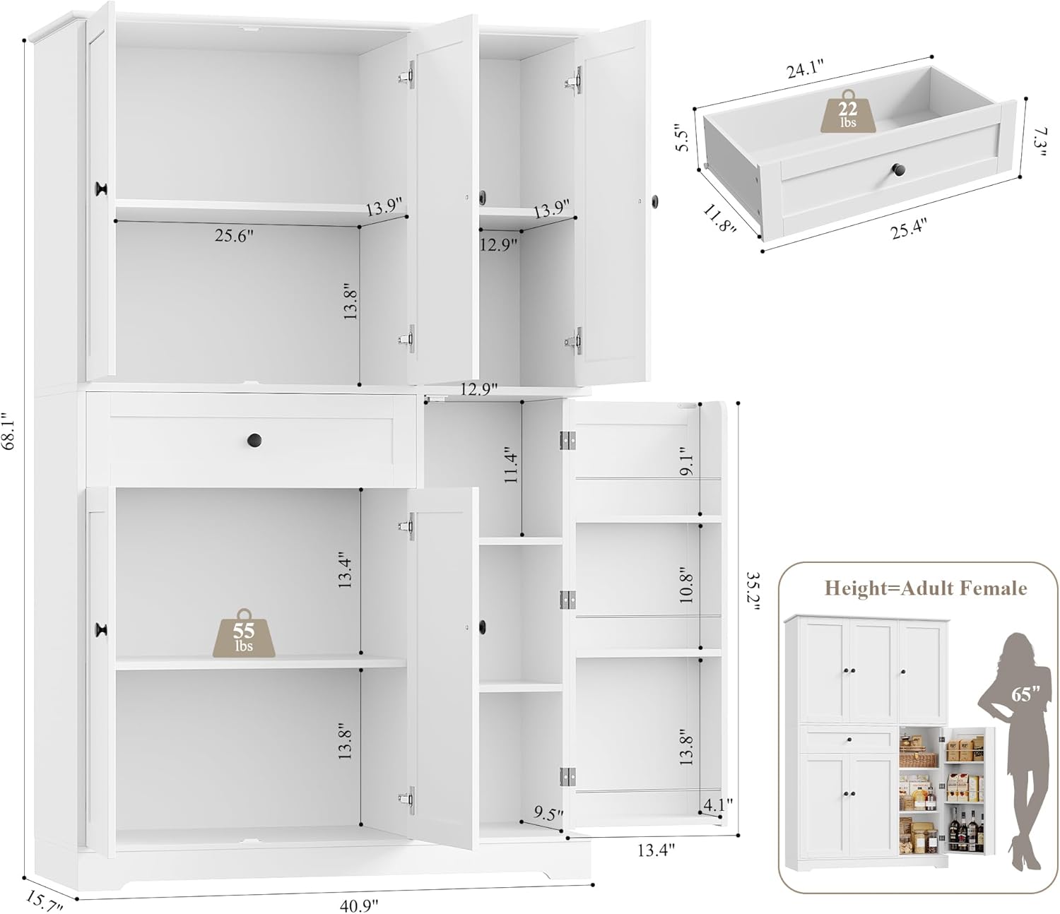 68" Tall Kitchen Pantry Cabinet – Freestanding White Hutch with Doors, Adjustable Shelves & Drawer for Dining Room