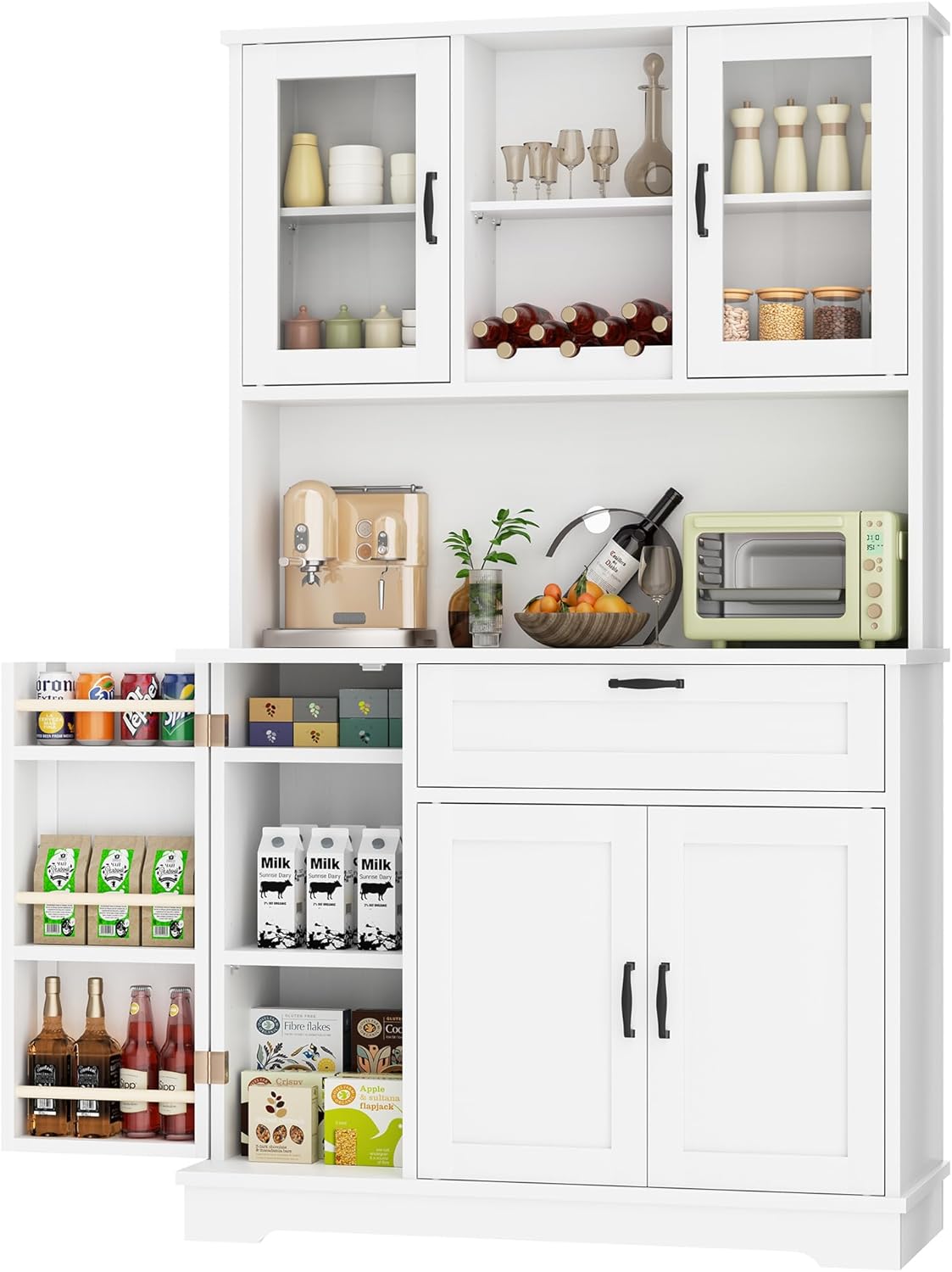 Buffet Pantry Storage Cabinet – White 4-Door Freestanding Cabinet with Microwave Stand, Wine Rack & Adjustable Hutch