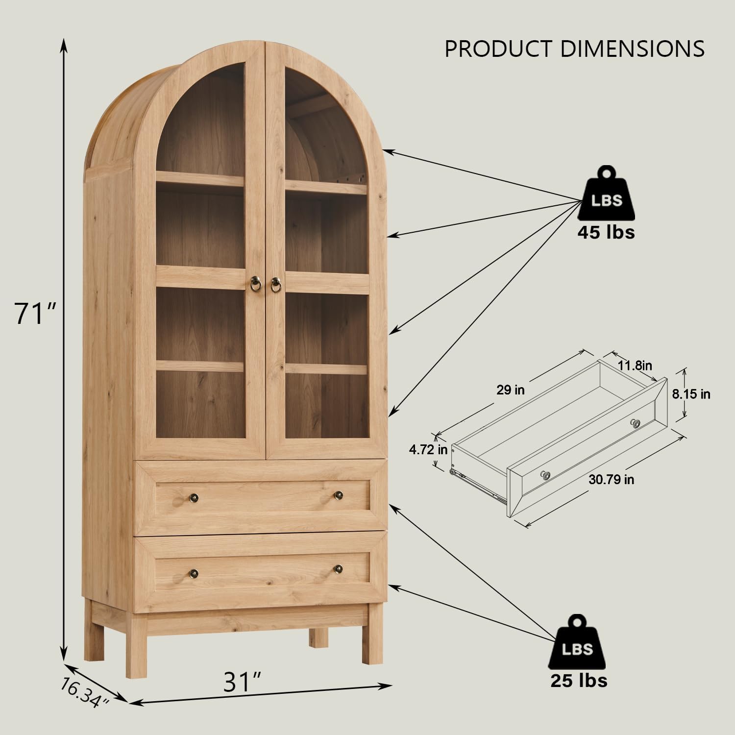 71" Arched Pantry Cabinet – Farmhouse Kitchen Storage with 2 Drawers & Adjustable Shelves, Natural Wood Cupboard