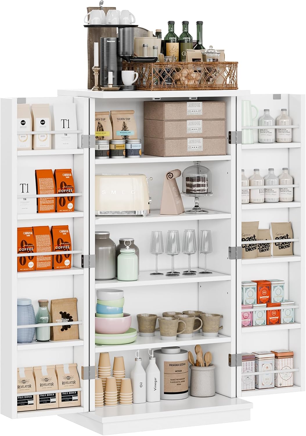 47" Kitchen Pantry Cabinet – White 5-Layer Storage Cupboard with Adjustable Shelves for Food, Bathroom or Laundry