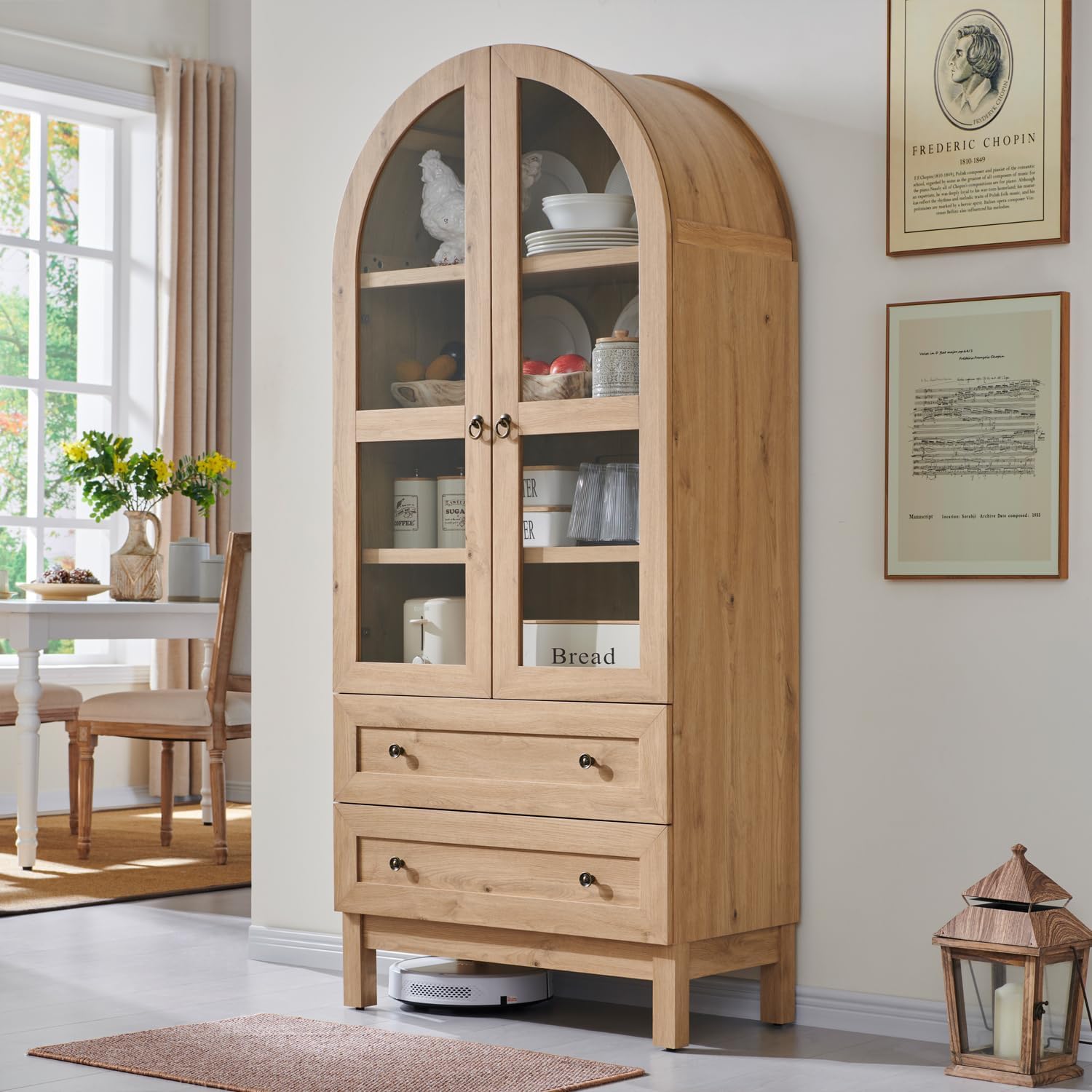 71" Arched Pantry Cabinet – Farmhouse Kitchen Storage with 2 Drawers & Adjustable Shelves, Natural Wood Cupboard