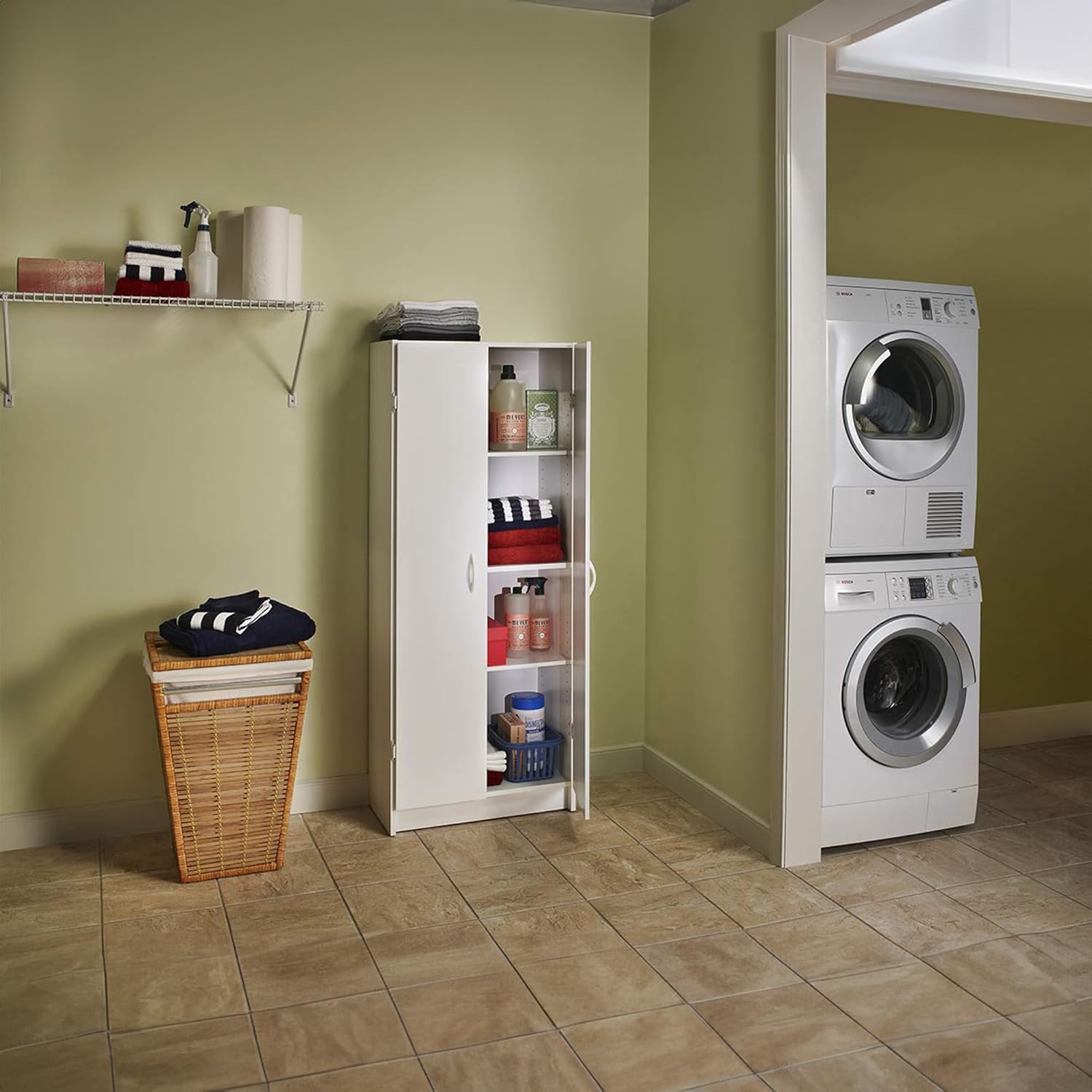 White Pantry Storage Cabinet – Freestanding Cupboard with 2 Doors & Adjustable Shelves for Kitchen, Laundry or Utility
