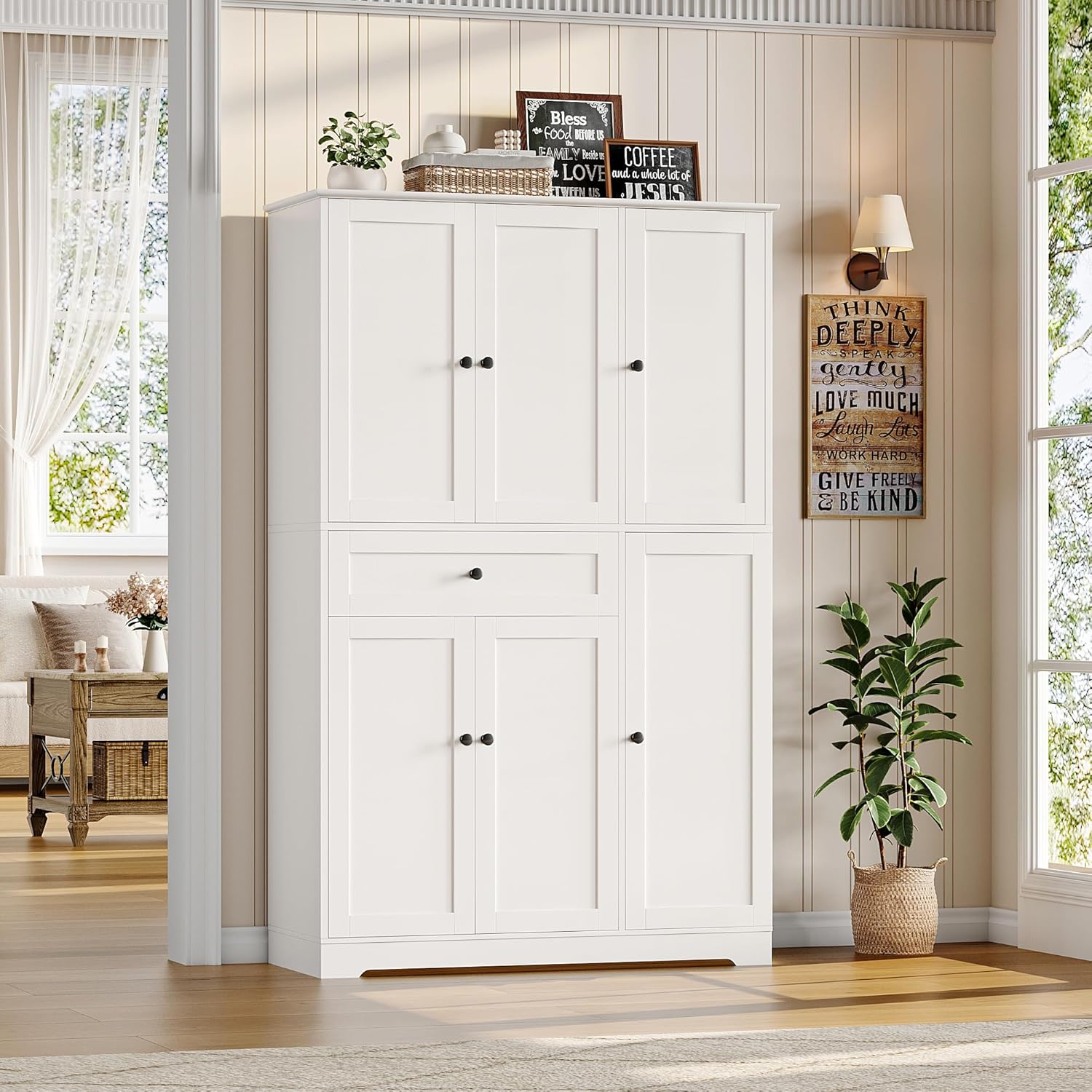 68" Tall Kitchen Pantry Cabinet – Freestanding White Hutch with Doors, Adjustable Shelves & Drawer for Dining Room