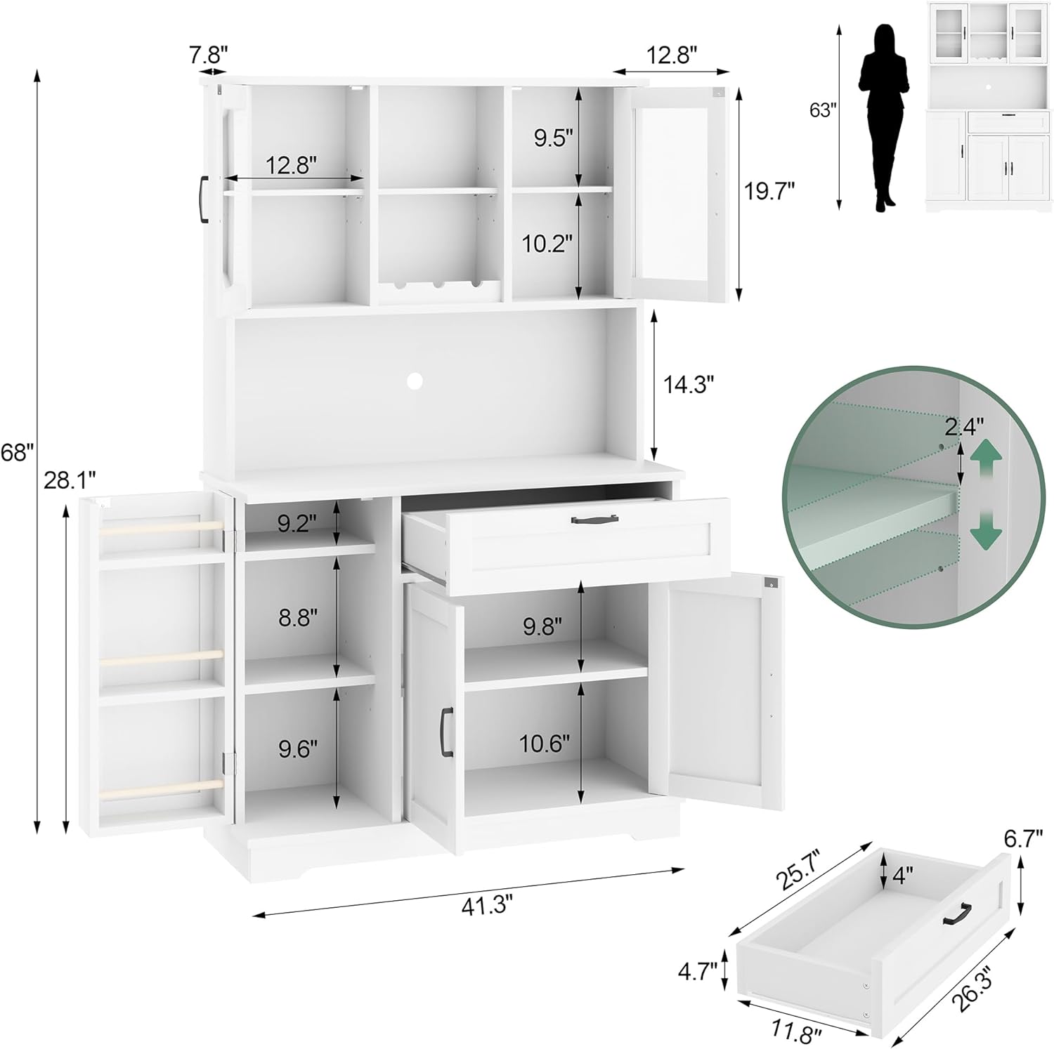 Buffet Pantry Storage Cabinet – White 4-Door Freestanding Cabinet with Microwave Stand, Wine Rack & Adjustable Hutch