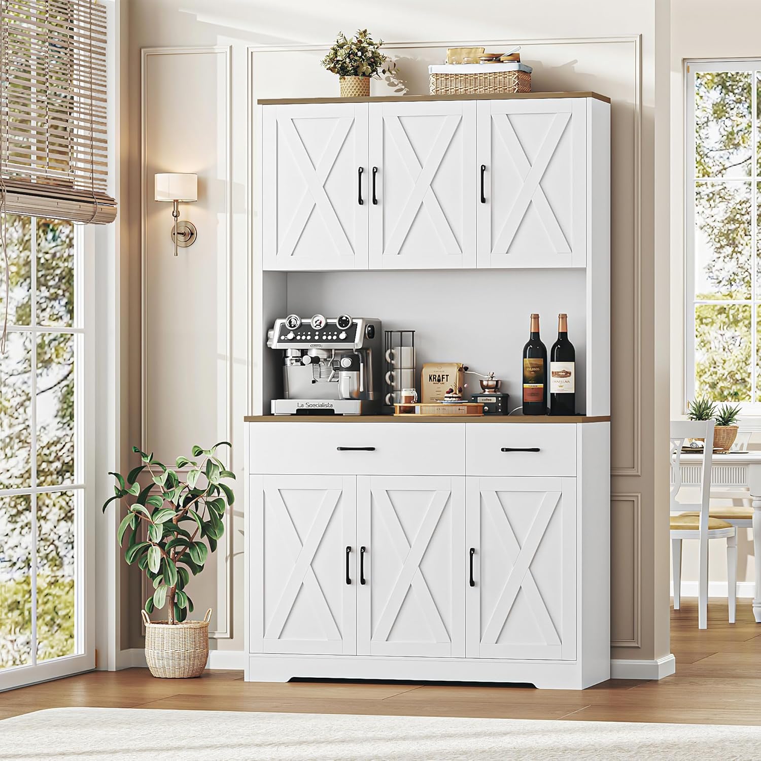 Pantry Cabinet with Charging Station – Tall White Hutch with Microwave Stand, Drawers & Storage for Kitchen or Dining
