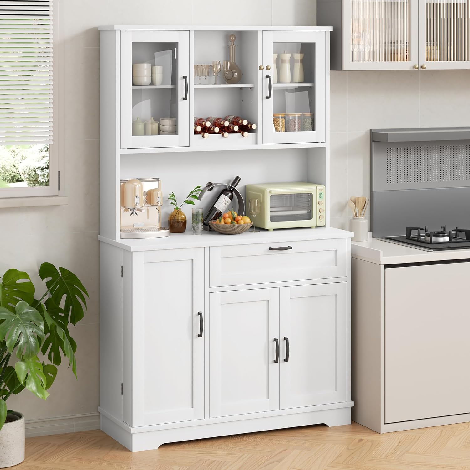 Buffet Pantry Storage Cabinet – White 4-Door Freestanding Cabinet with Microwave Stand, Wine Rack & Adjustable Hutch