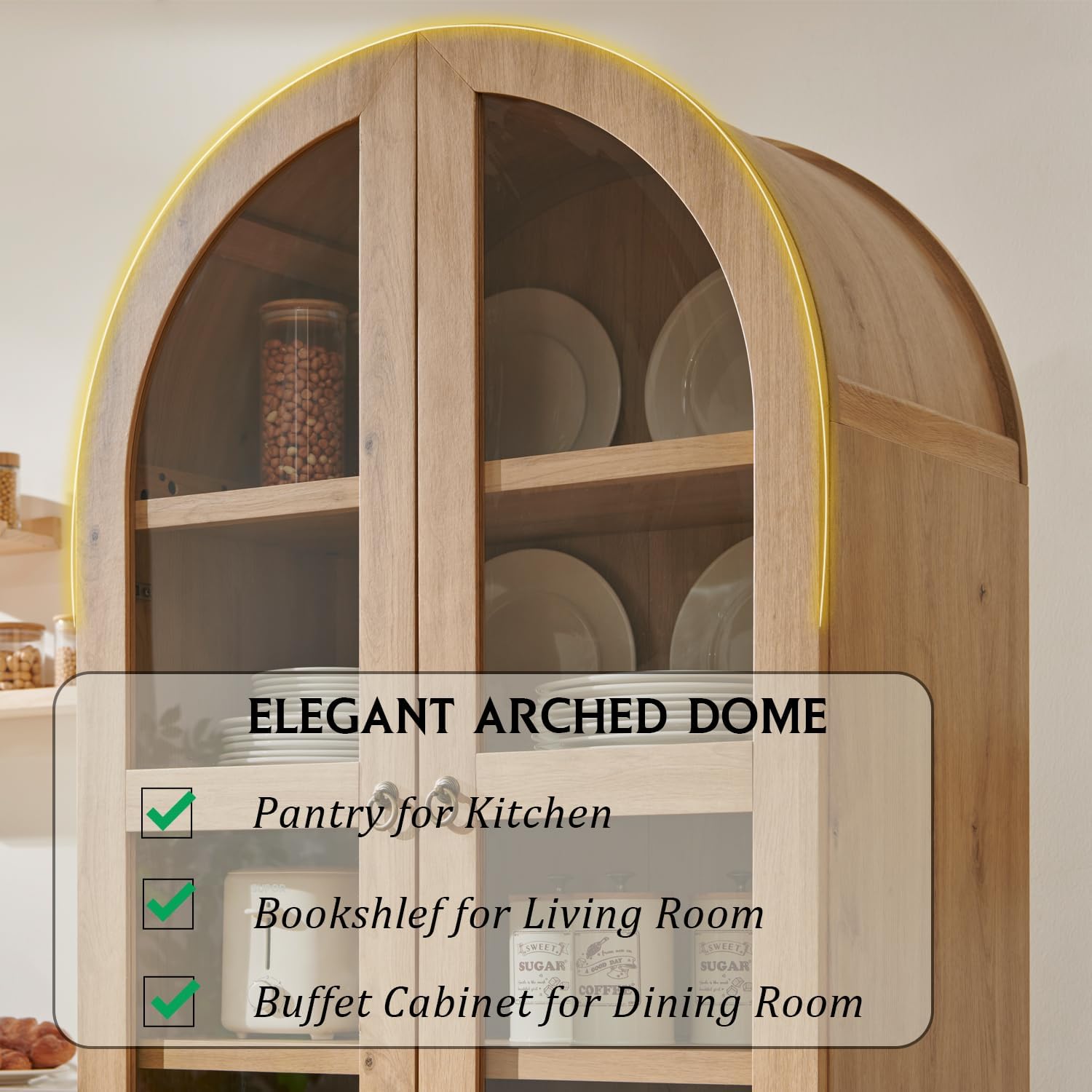 71" Arched Pantry Cabinet – Farmhouse Kitchen Storage with 2 Drawers & Adjustable Shelves, Natural Wood Cupboard