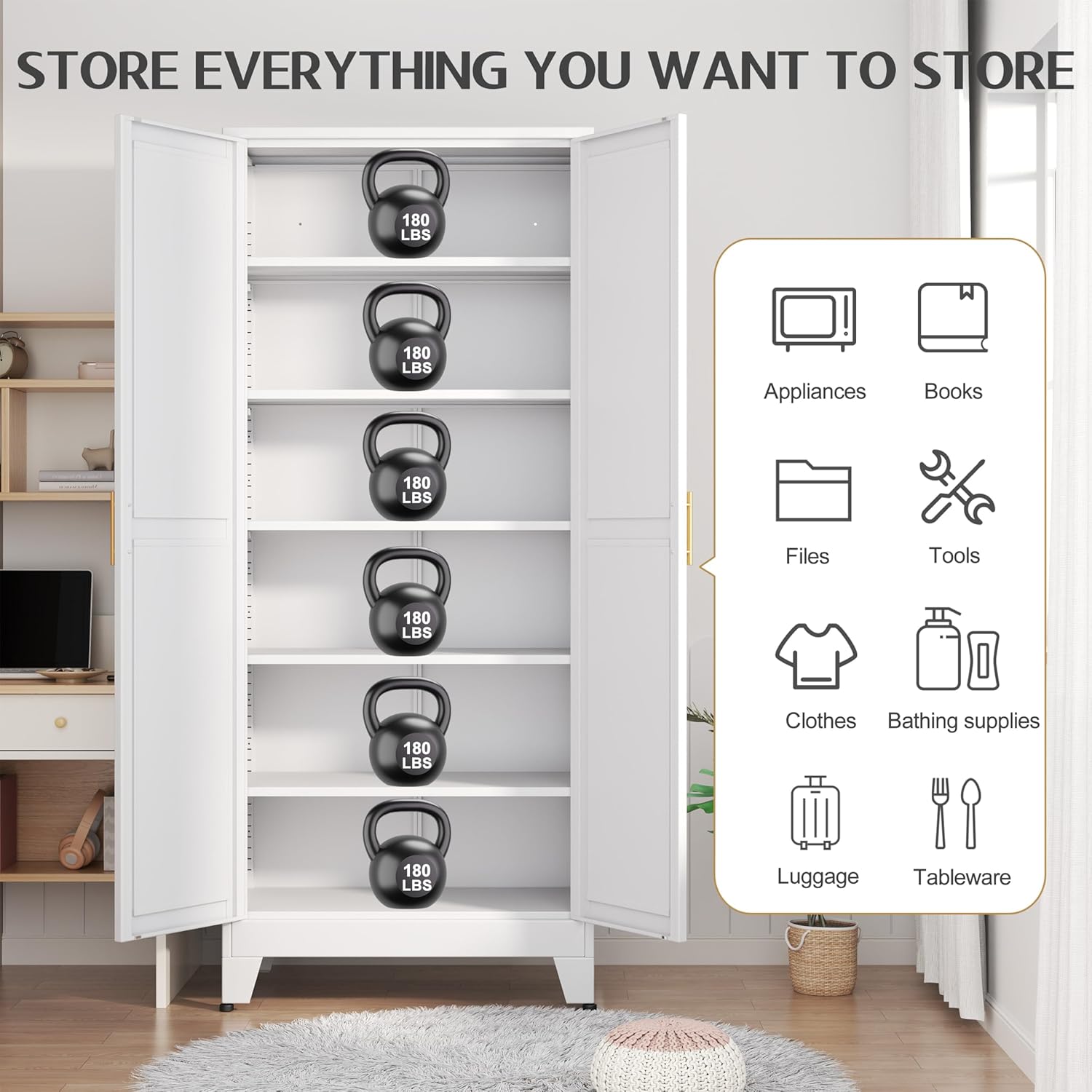 75.2" Tall White Pantry Cabinet – Metal Kitchen Storage with 2 Doors & 5 Adjustable Shelves for Living or Dining Room