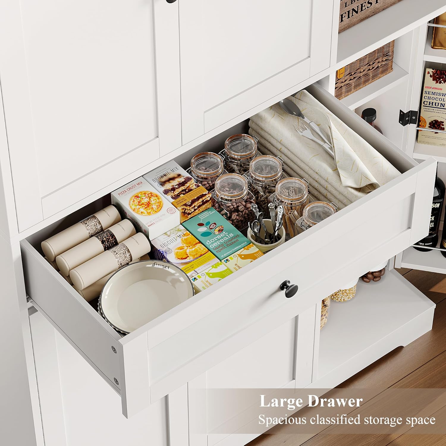 68" Tall Kitchen Pantry Cabinet – Freestanding White Hutch with Doors, Adjustable Shelves & Drawer for Dining Room