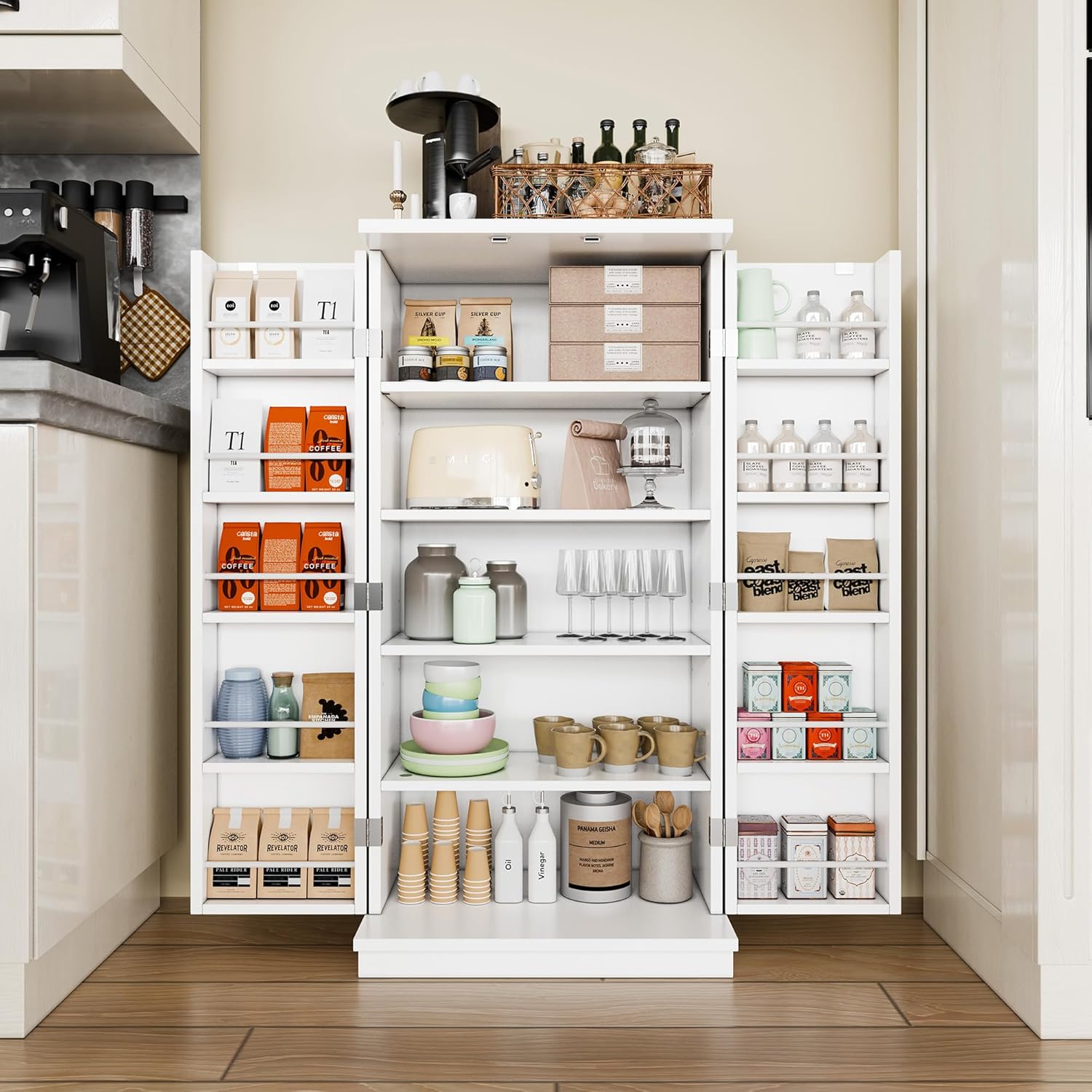 47" Kitchen Pantry Cabinet – White 5-Layer Storage Cupboard with Adjustable Shelves for Food, Bathroom or Laundry