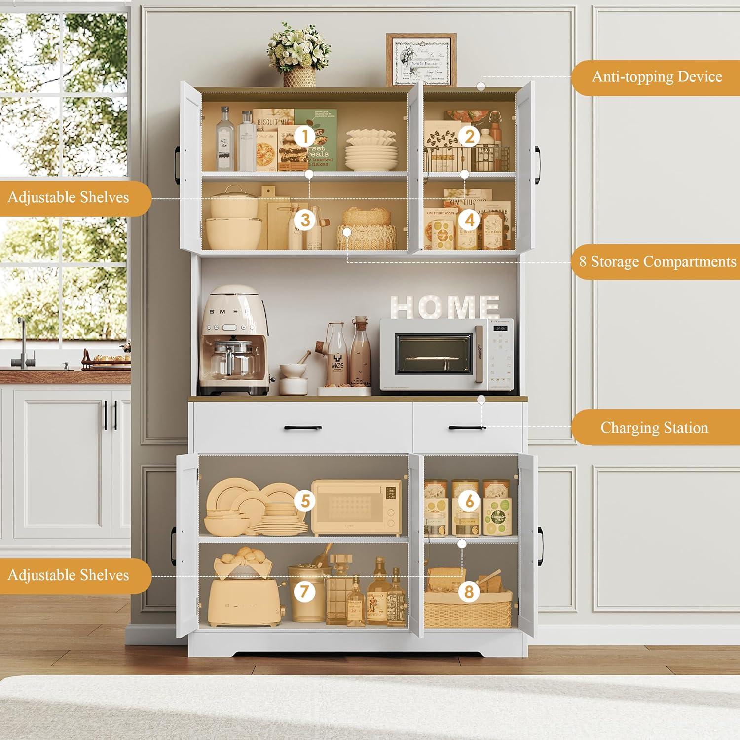 Pantry Cabinet with Charging Station – Tall White Hutch with Microwave Stand, Drawers & Storage for Kitchen or Dining