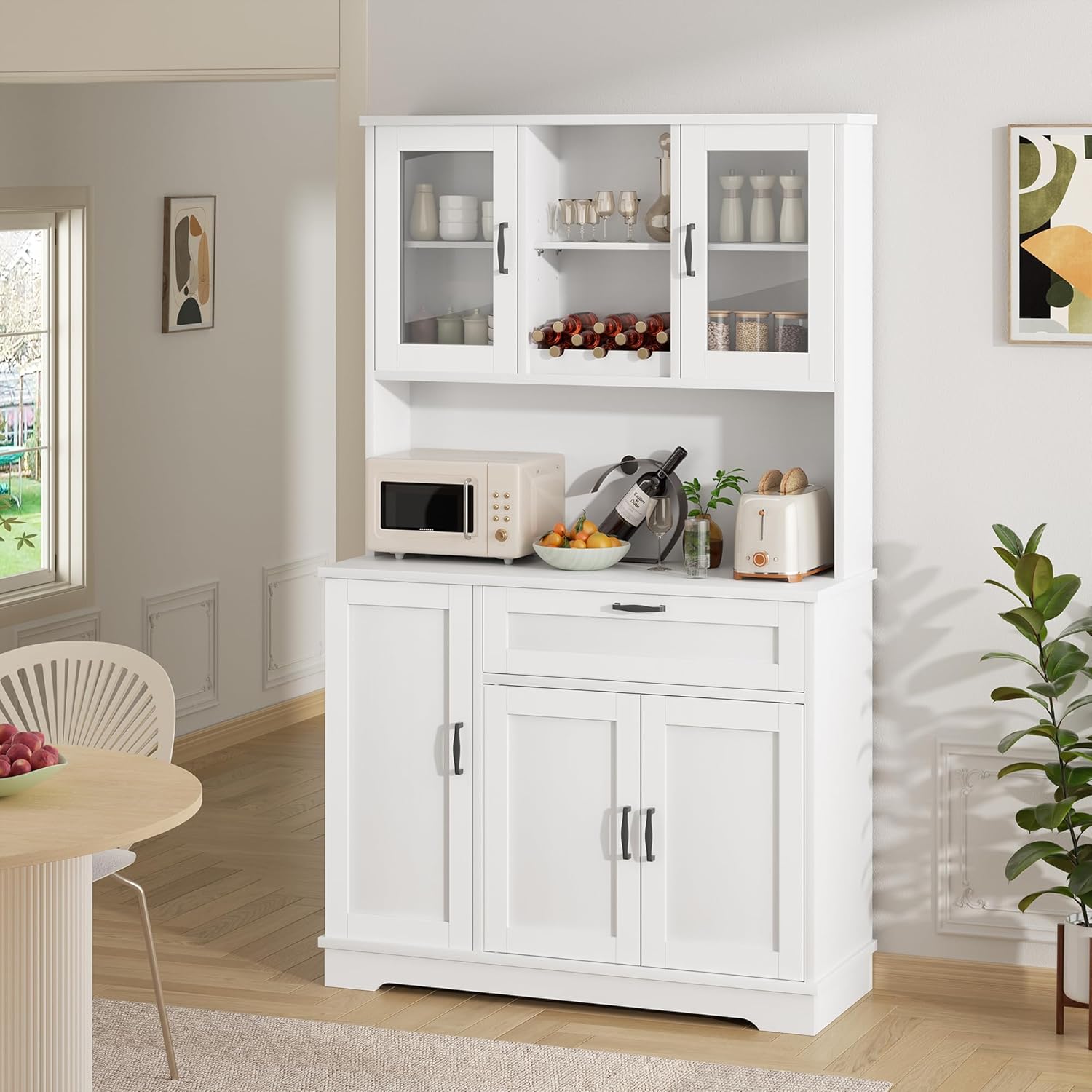 Buffet Pantry Storage Cabinet – White 4-Door Freestanding Cabinet with Microwave Stand, Wine Rack & Adjustable Hutch