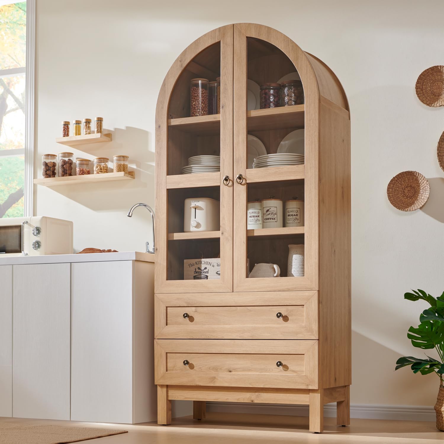 71" Arched Pantry Cabinet – Farmhouse Kitchen Storage with 2 Drawers & Adjustable Shelves, Natural Wood Cupboard