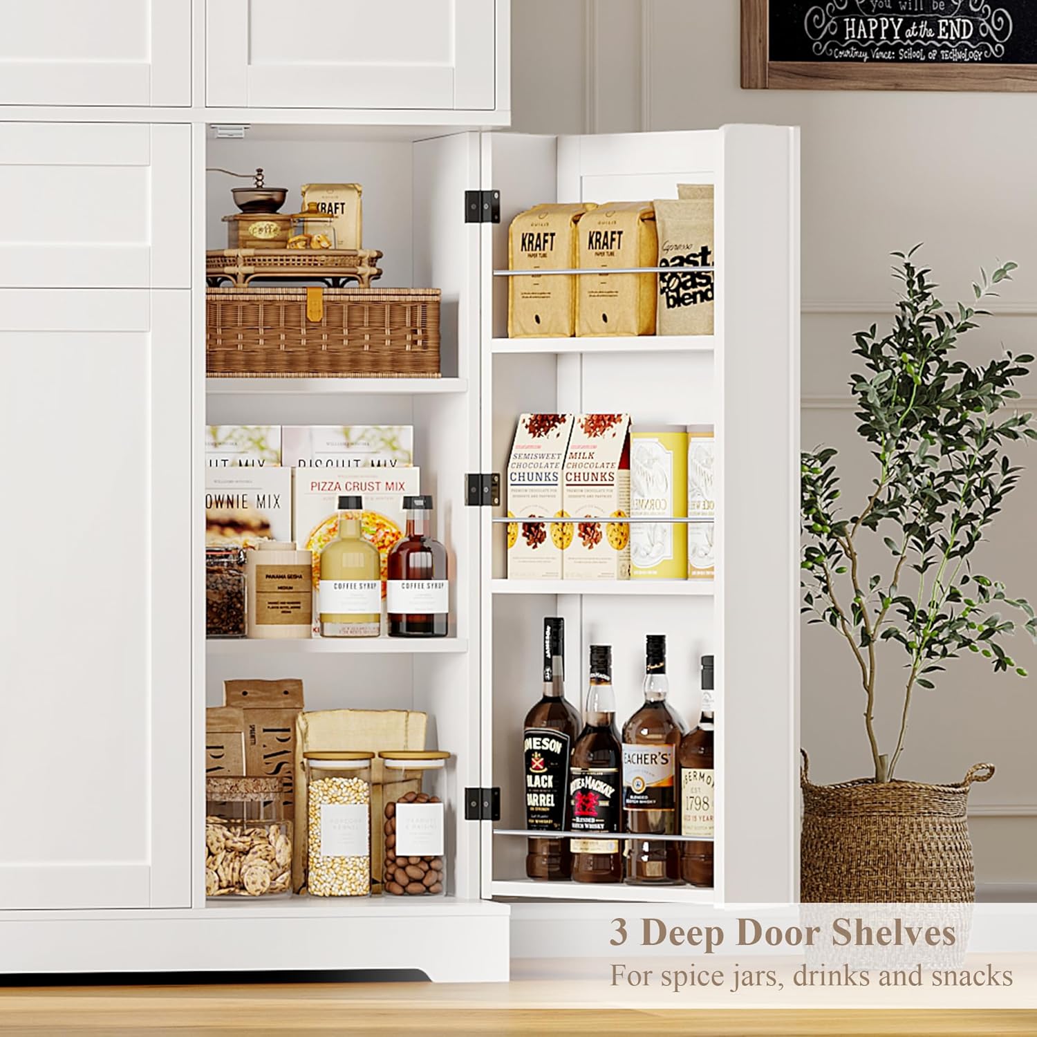 68" Tall Kitchen Pantry Cabinet – Freestanding White Hutch with Doors, Adjustable Shelves & Drawer for Dining Room