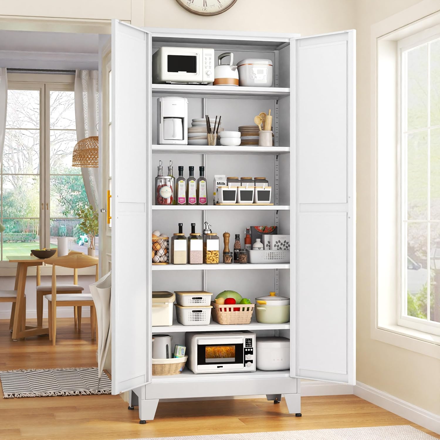75.2" Tall White Pantry Cabinet – Metal Kitchen Storage with 2 Doors & 5 Adjustable Shelves for Living or Dining Room