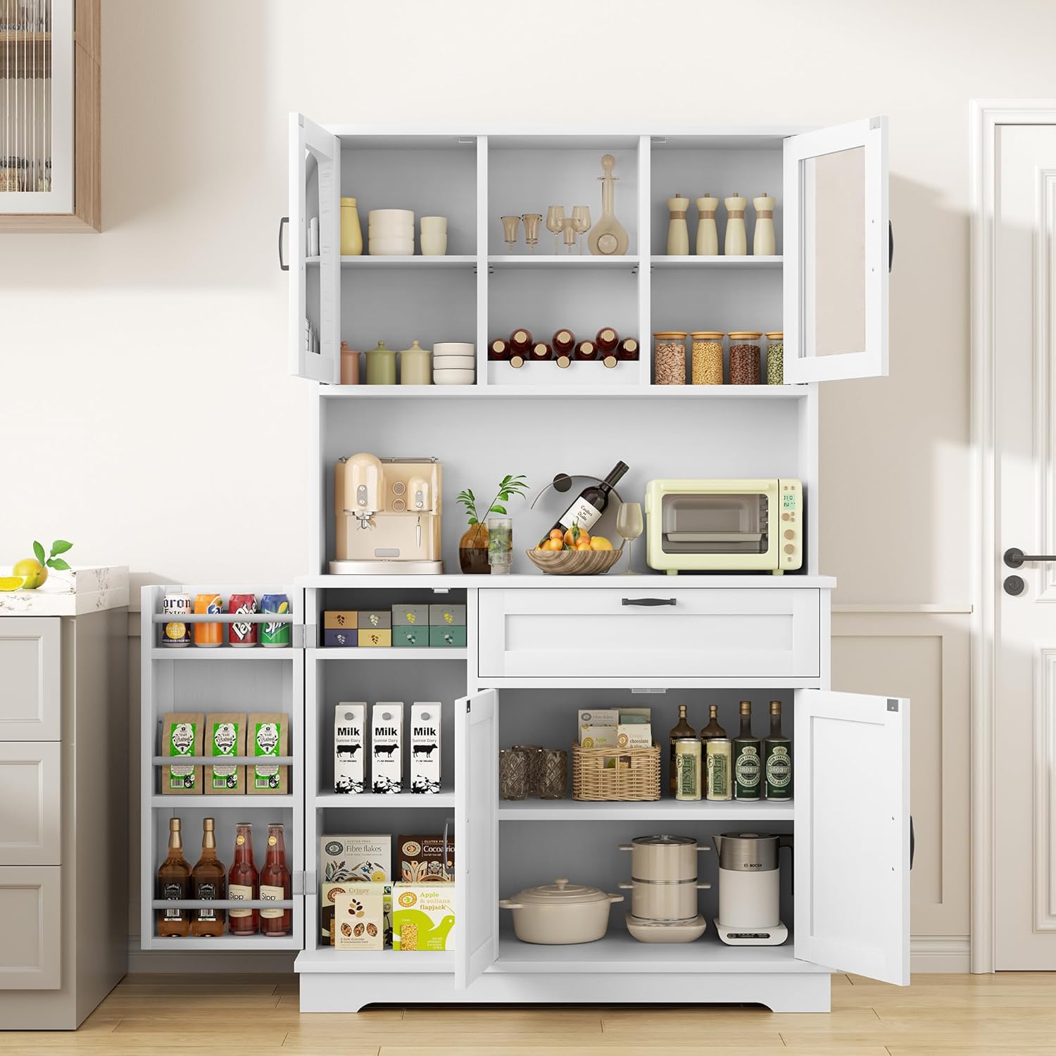 Buffet Pantry Storage Cabinet – White 4-Door Freestanding Cabinet with Microwave Stand, Wine Rack & Adjustable Hutch