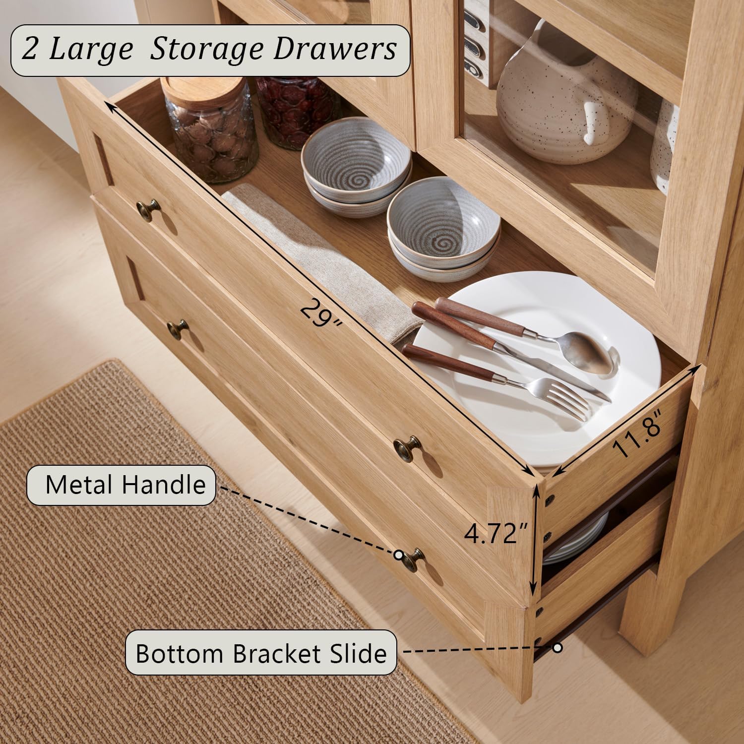 71" Arched Pantry Cabinet – Farmhouse Kitchen Storage with 2 Drawers & Adjustable Shelves, Natural Wood Cupboard