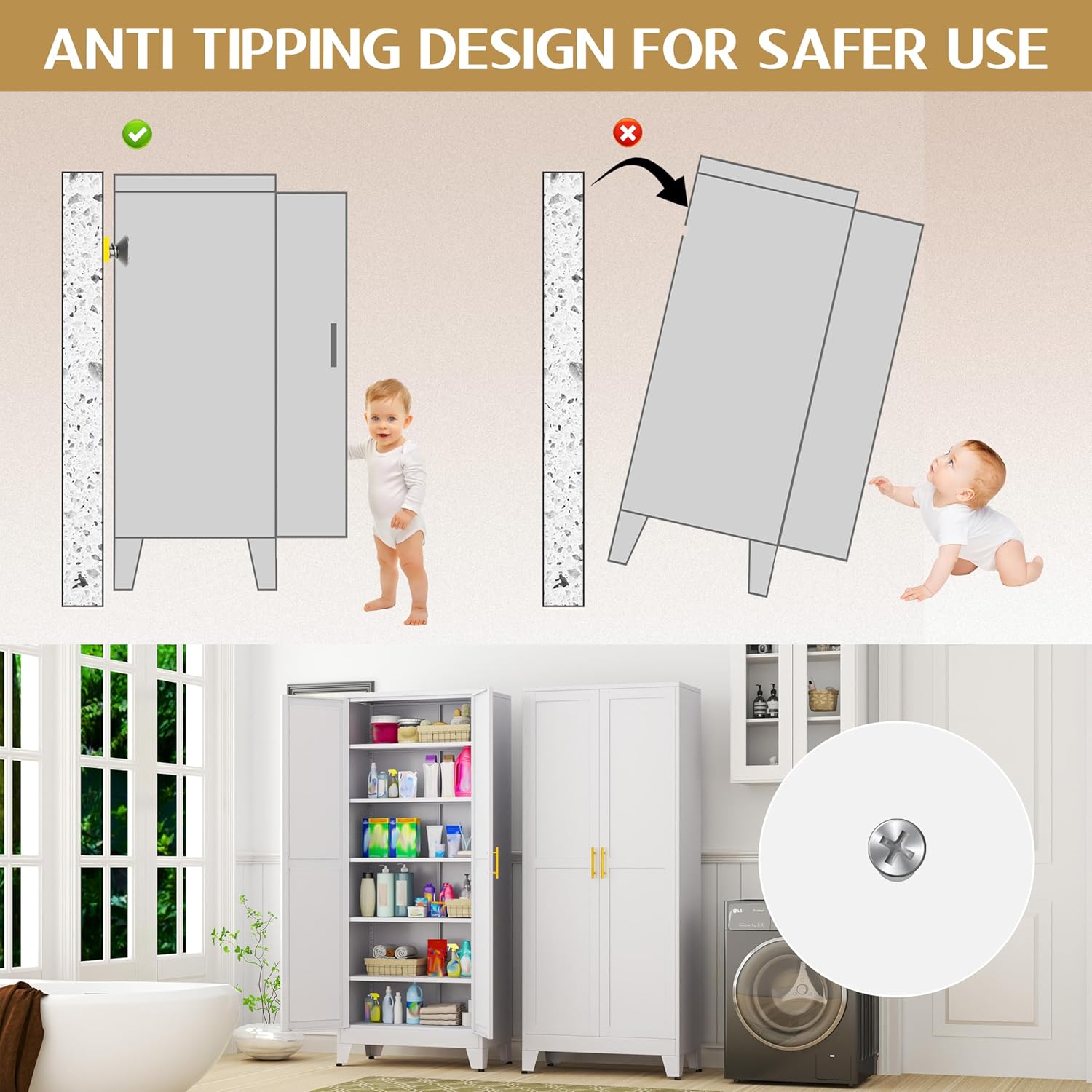 75.2" Tall White Pantry Cabinet – Metal Kitchen Storage with 2 Doors & 5 Adjustable Shelves for Living or Dining Room