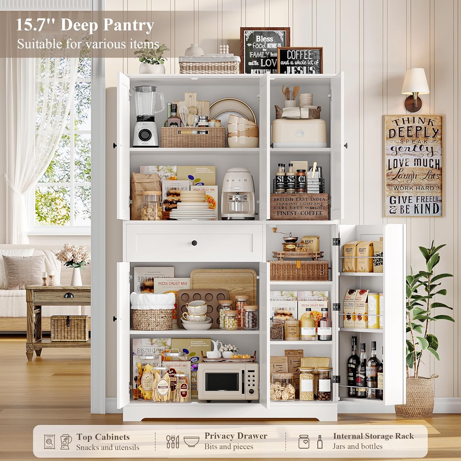 68" Tall Kitchen Pantry Cabinet – Freestanding White Hutch with Doors, Adjustable Shelves & Drawer for Dining Room