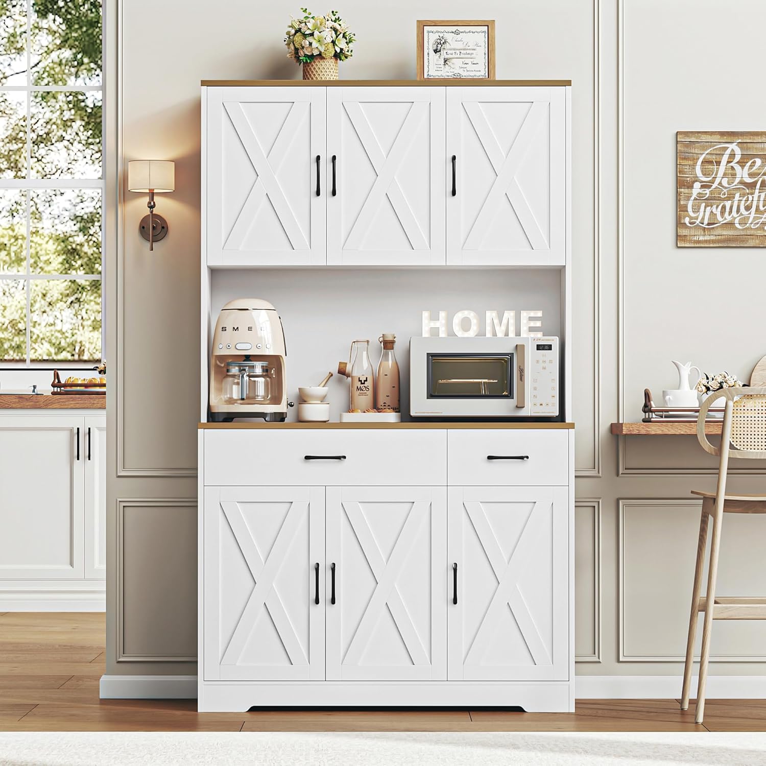 Pantry Cabinet with Charging Station – Tall White Hutch with Microwave Stand, Drawers & Storage for Kitchen or Dining