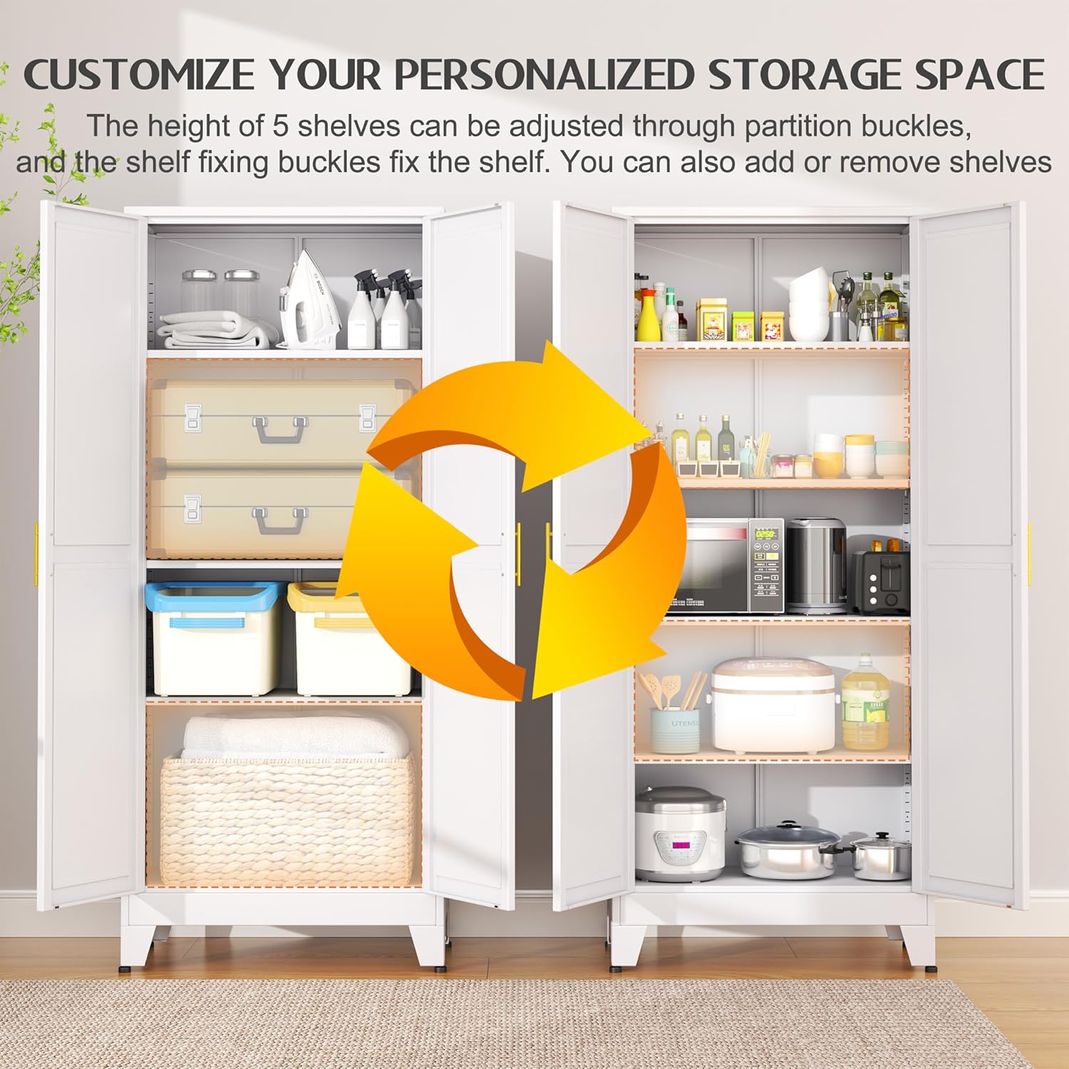 75.2" Tall White Pantry Cabinet – Metal Kitchen Storage with 2 Doors & 5 Adjustable Shelves for Living or Dining Room