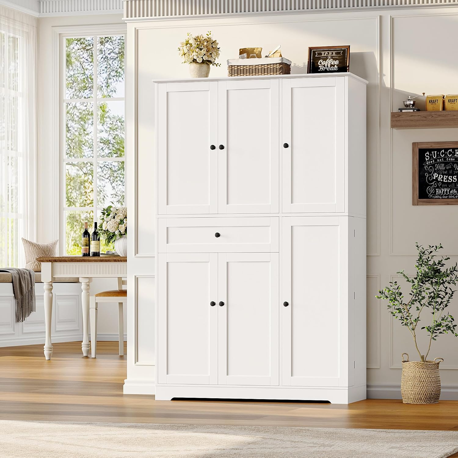 68" Tall Kitchen Pantry Cabinet – Freestanding White Hutch with Doors, Adjustable Shelves & Drawer for Dining Room