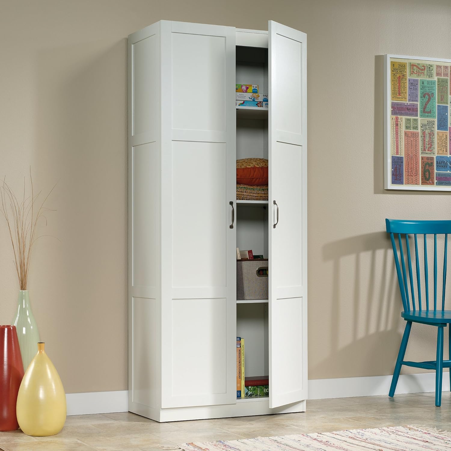Freestanding Kitchen Pantry Cabinet with Adjustable Shelves, Modern White Cupboard Organizer