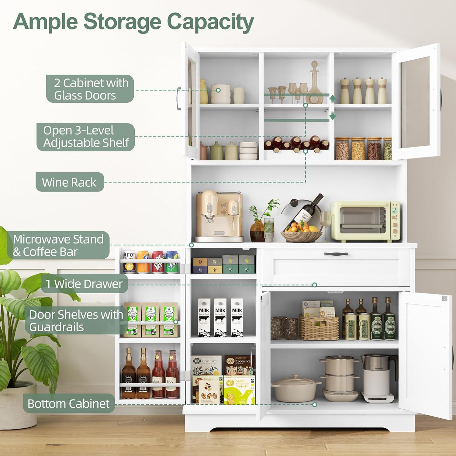 Buffet Pantry Storage Cabinet – White 4-Door Freestanding Cabinet with Microwave Stand, Wine Rack & Adjustable Hutch