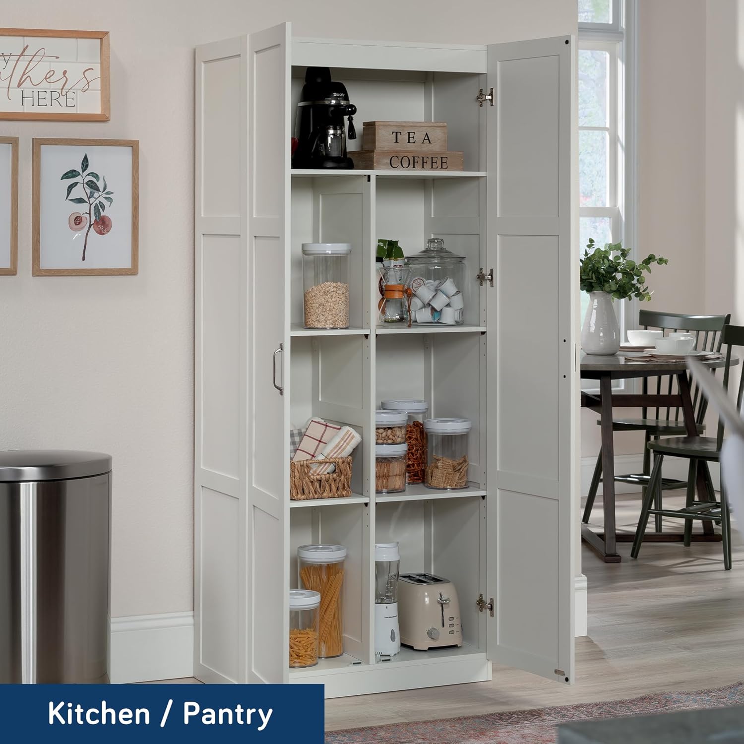 Freestanding Kitchen Pantry Cabinet with Adjustable Shelves, Modern White Cupboard Organizer