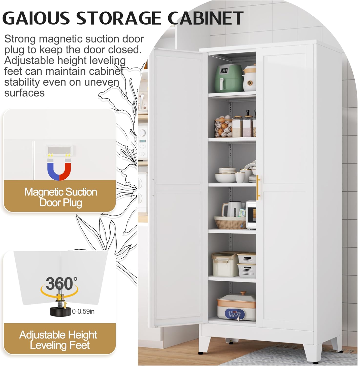 75.2" Tall White Pantry Cabinet – Metal Kitchen Storage with 2 Doors & 5 Adjustable Shelves for Living or Dining Room